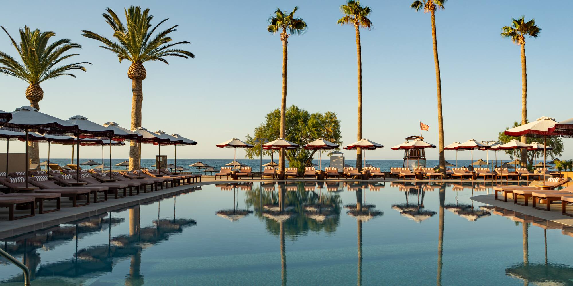 Resort pool and beach with palm trees, lounge chairs, and ocean views.