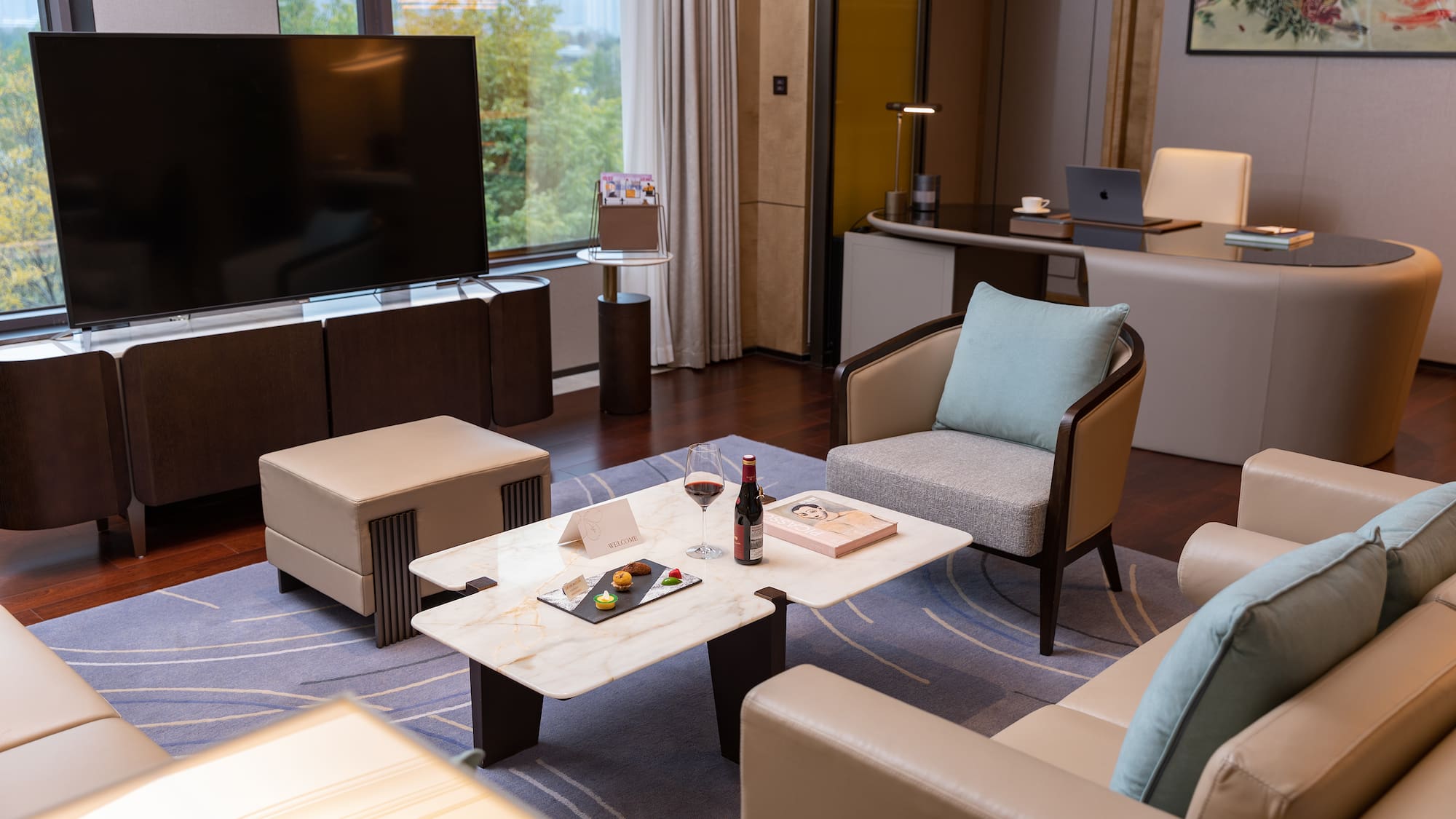 a room with a television and a table