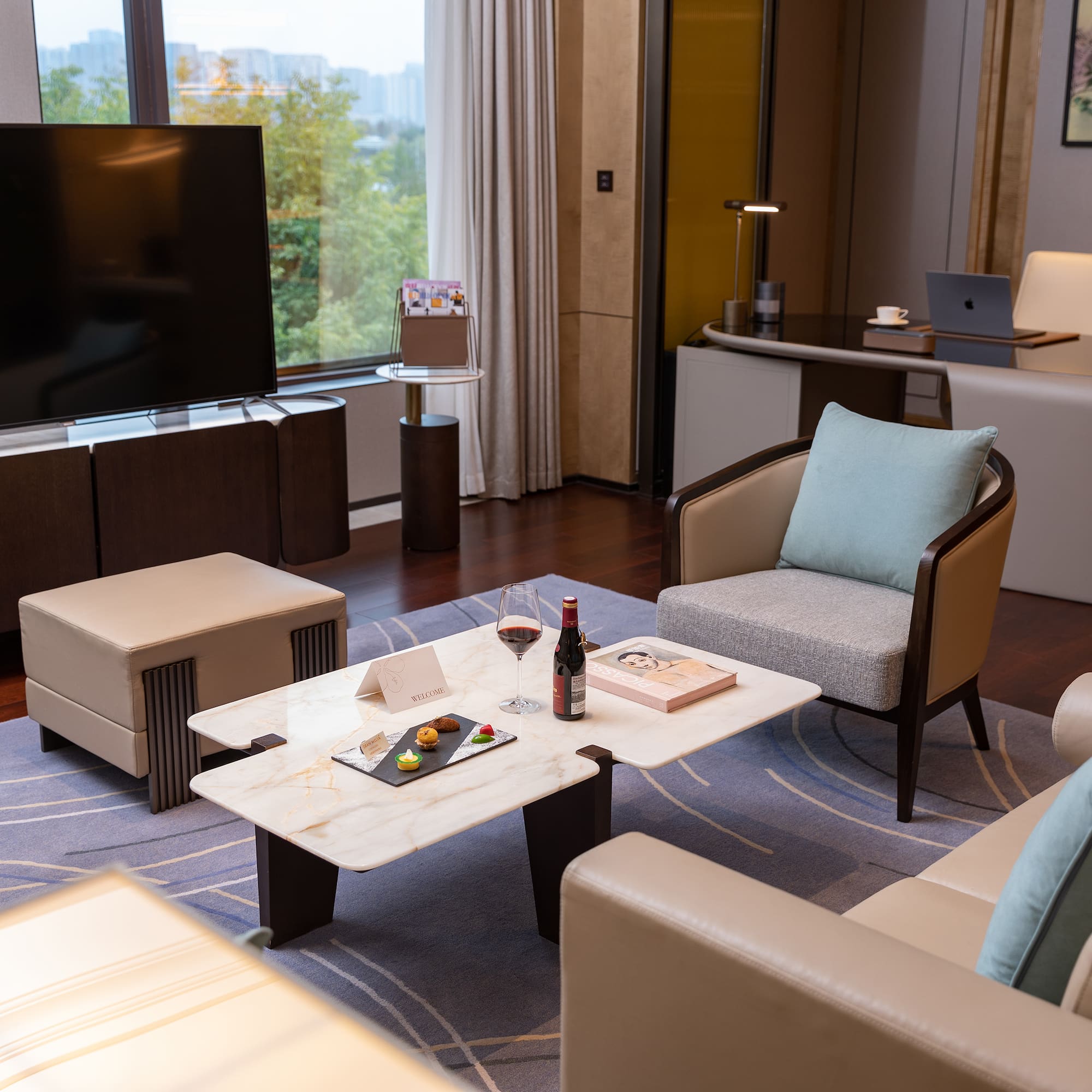 a room with a television and a table