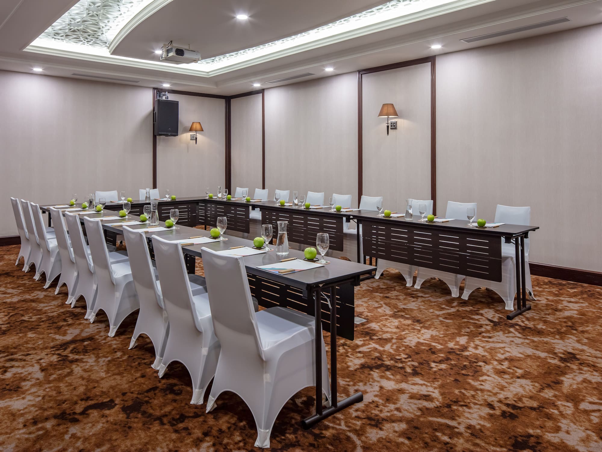 a room with tables and chairs