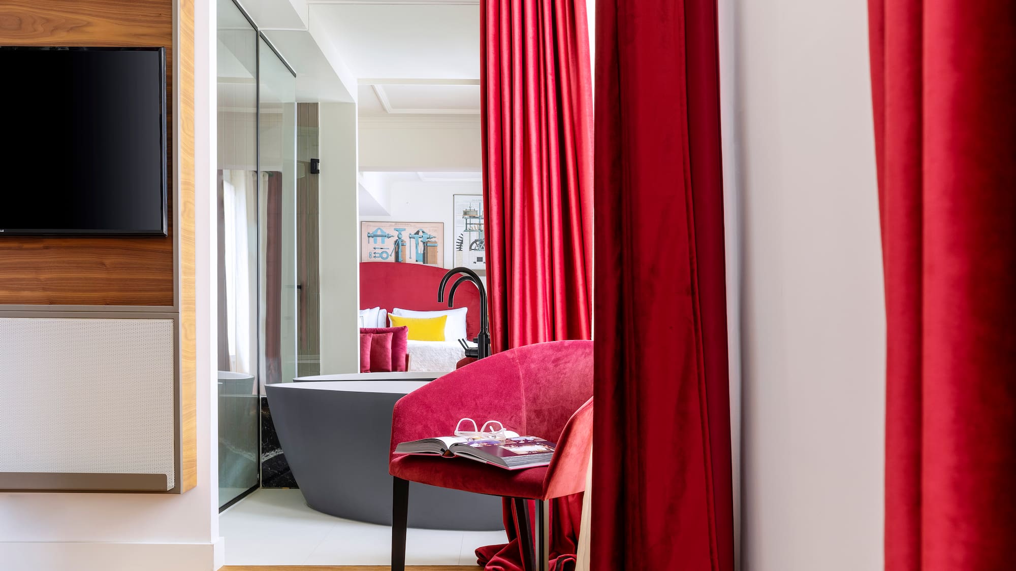 a red curtain in a room