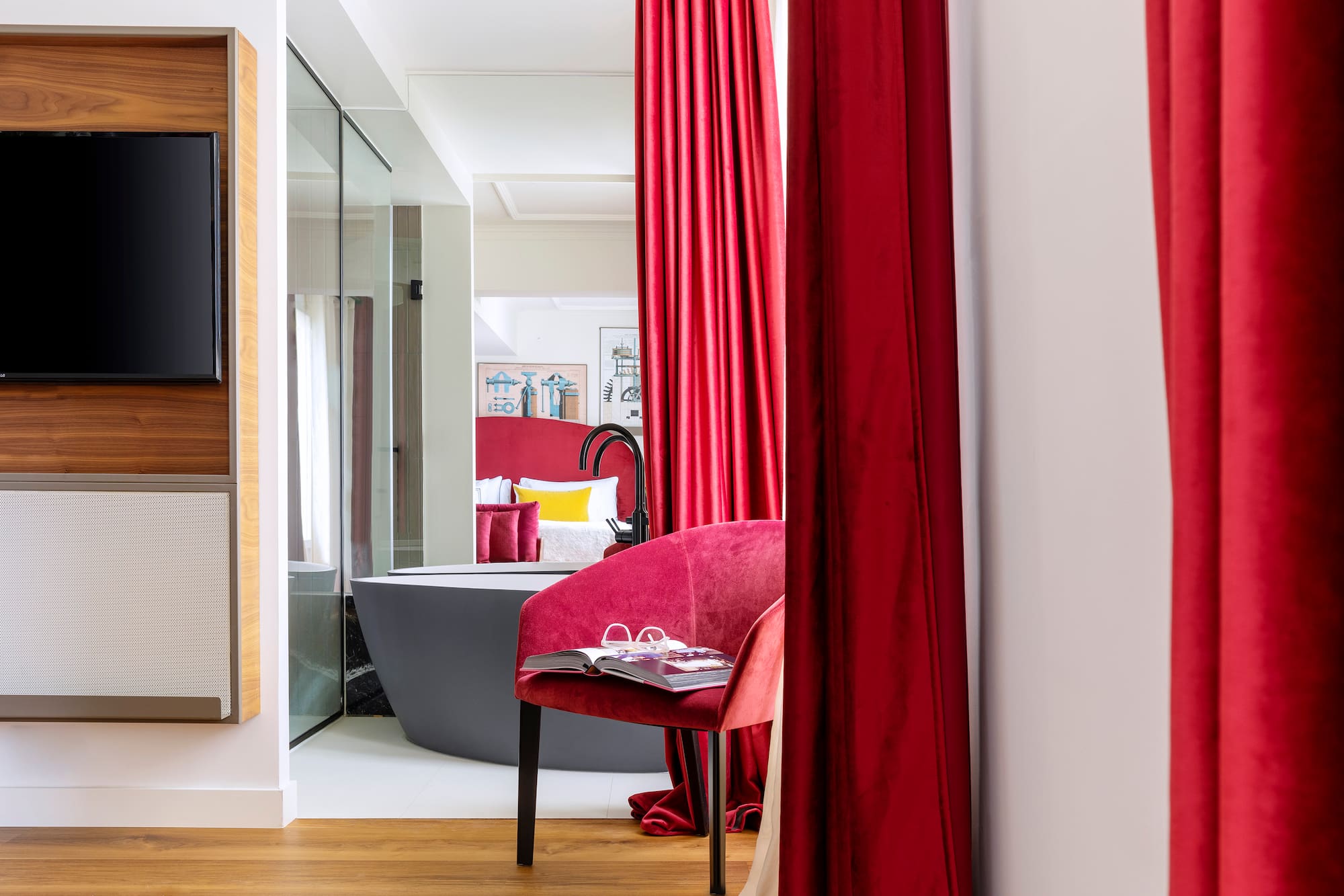a red curtain in a room