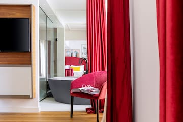 a red curtain in a room