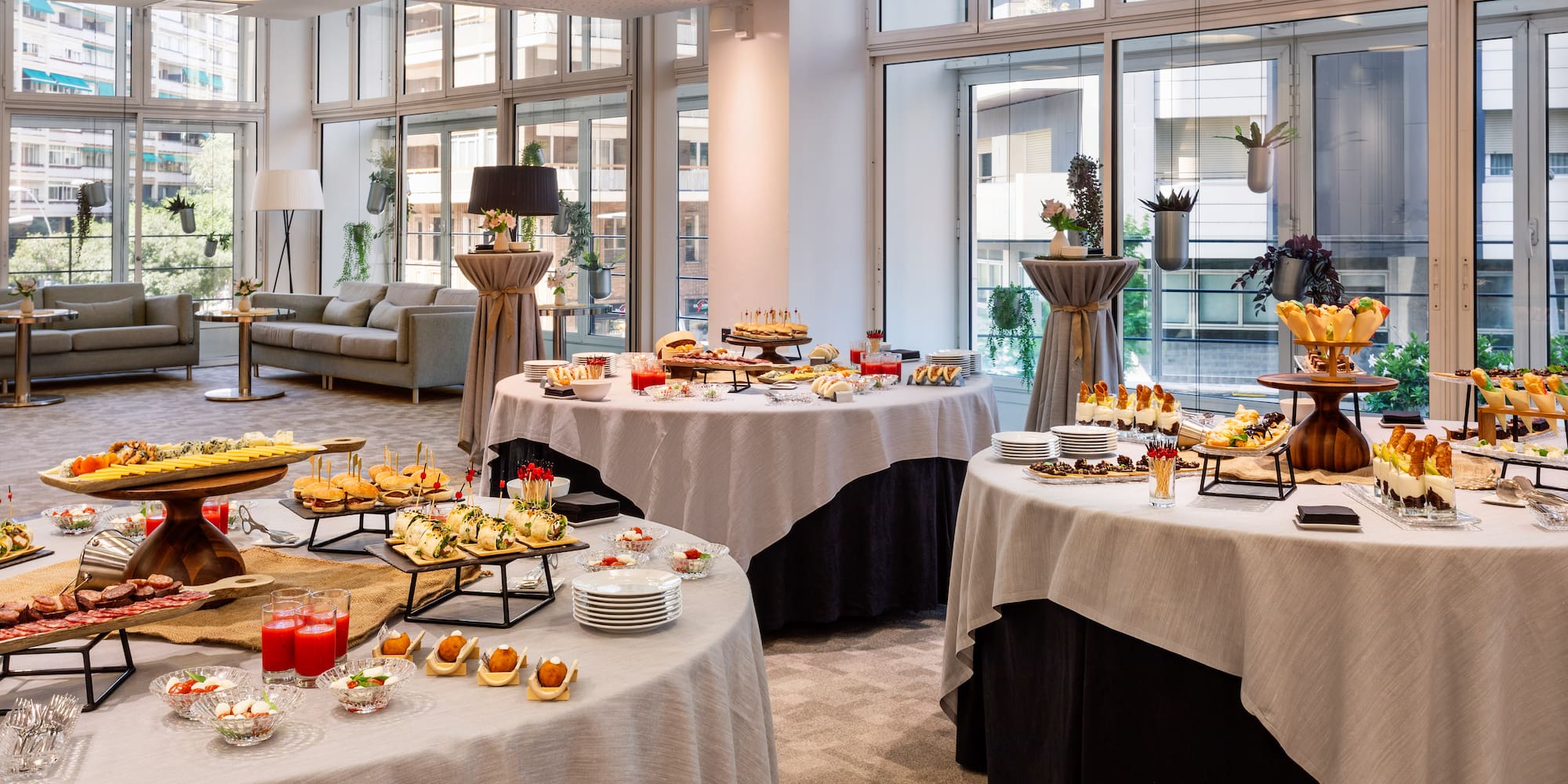 a large room with tables of food