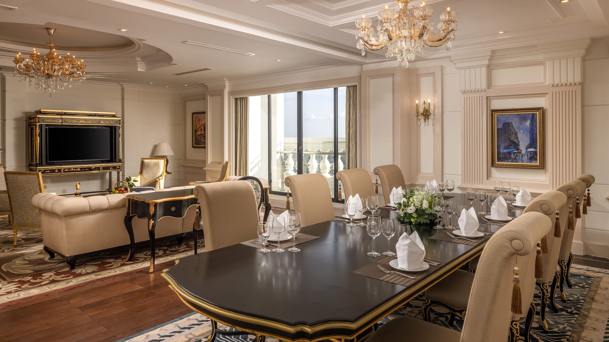 a room with a large table and chairs