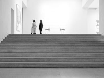 two women walking up a staircase