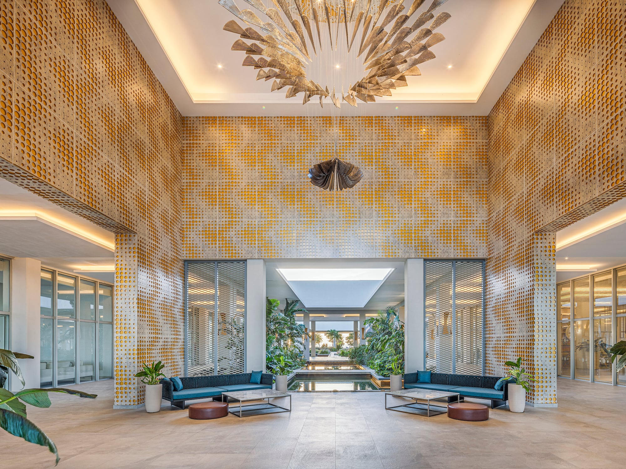 a large room with a large chandelier and a large ceiling