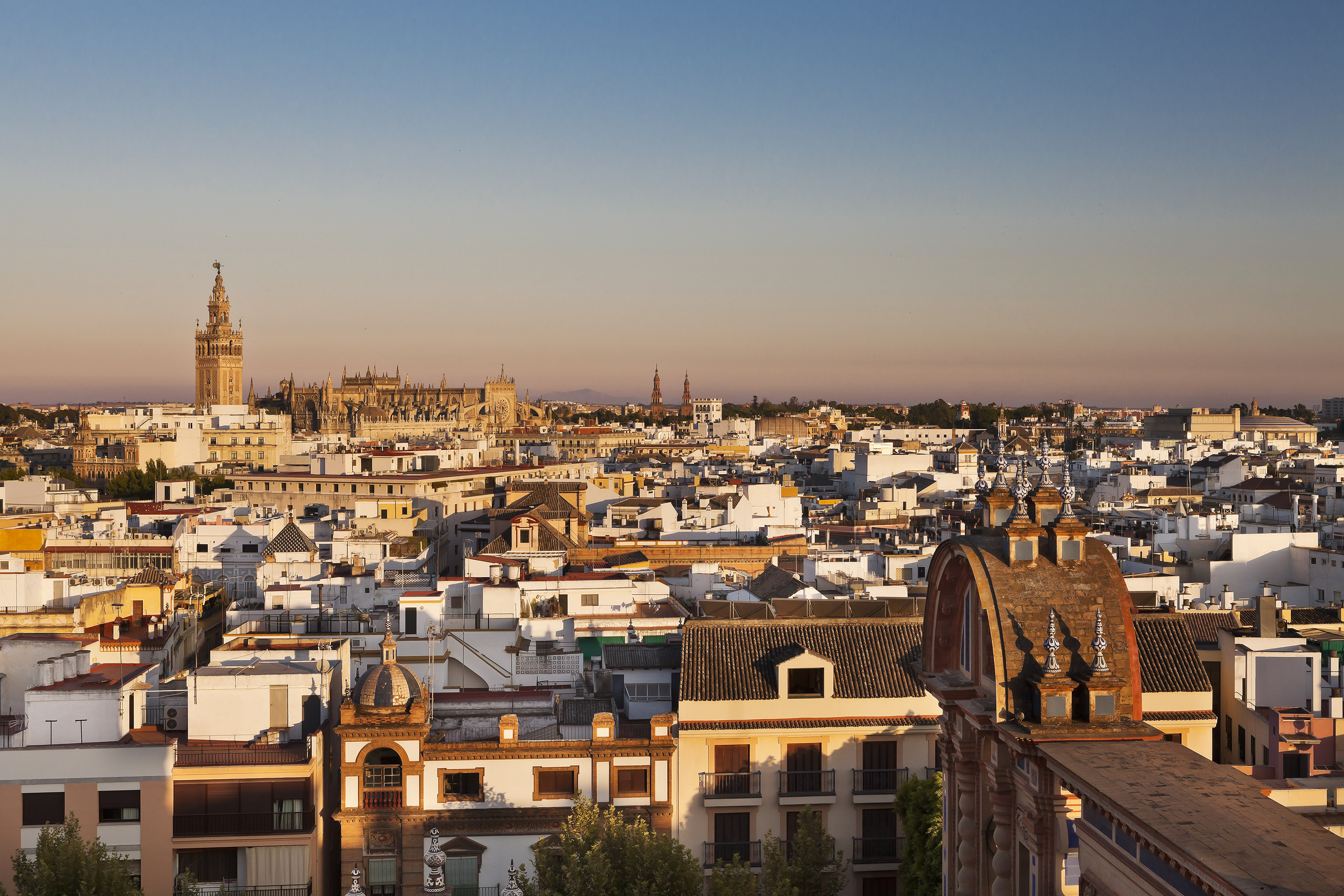 Seville cityscape at sunset with Giralda tower and cathedral, historic buildings.