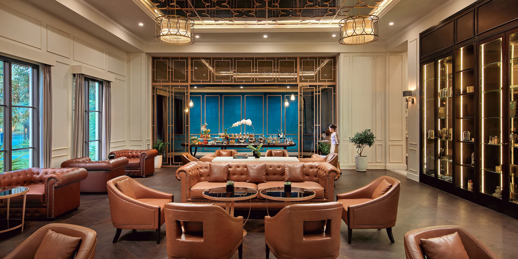 a room with a large table and chairs