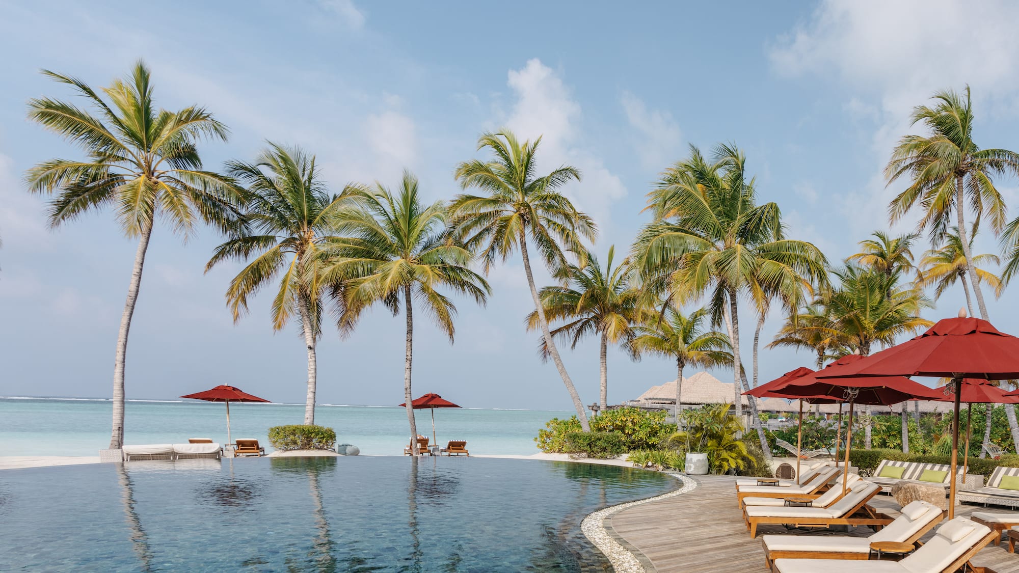 a pool with chairs and umbrellas by the water