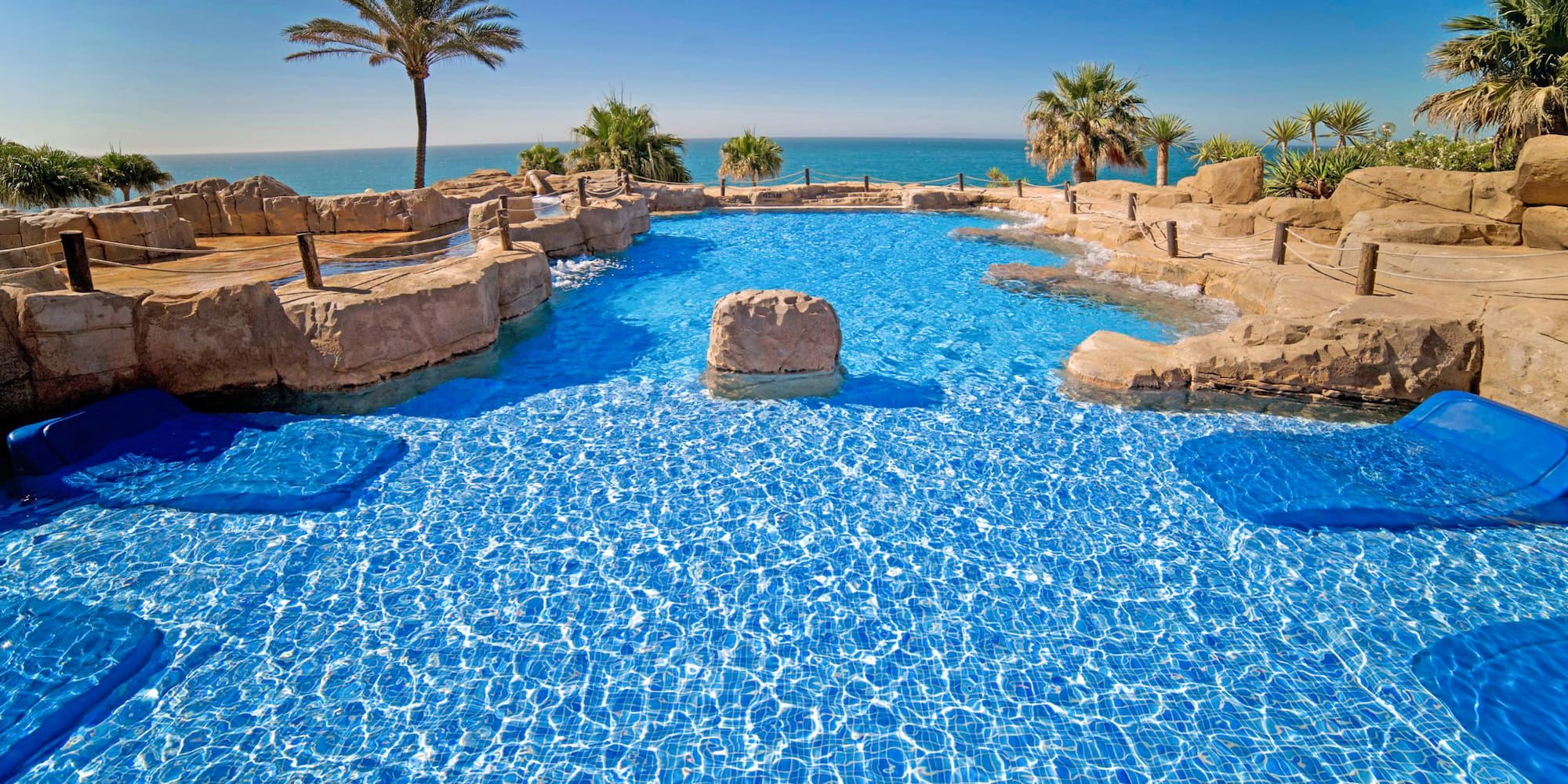 a pool with rocks and palm trees