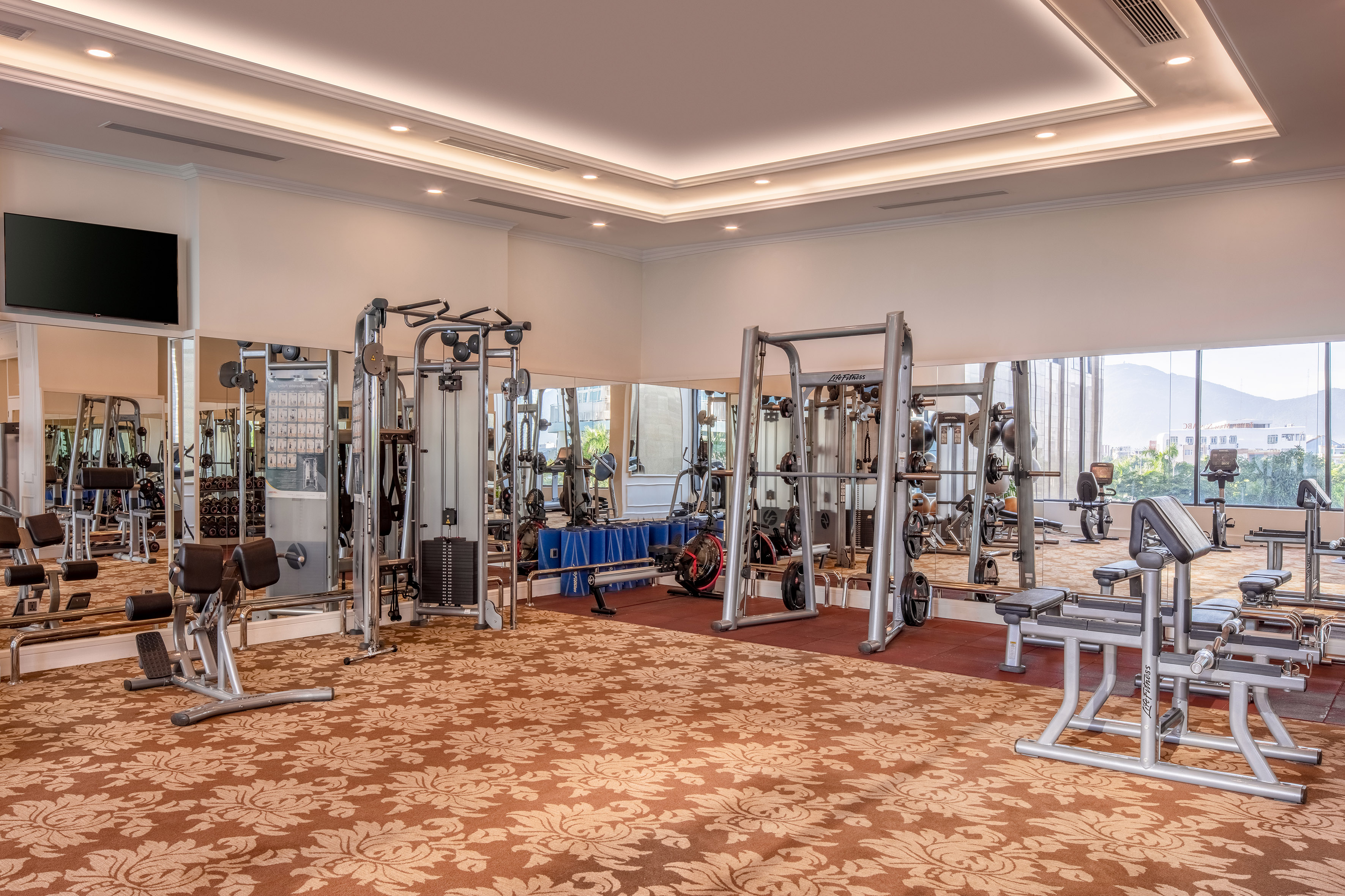 Modern hotel gym with diverse exercise equipment, mirrored walls, and city views.