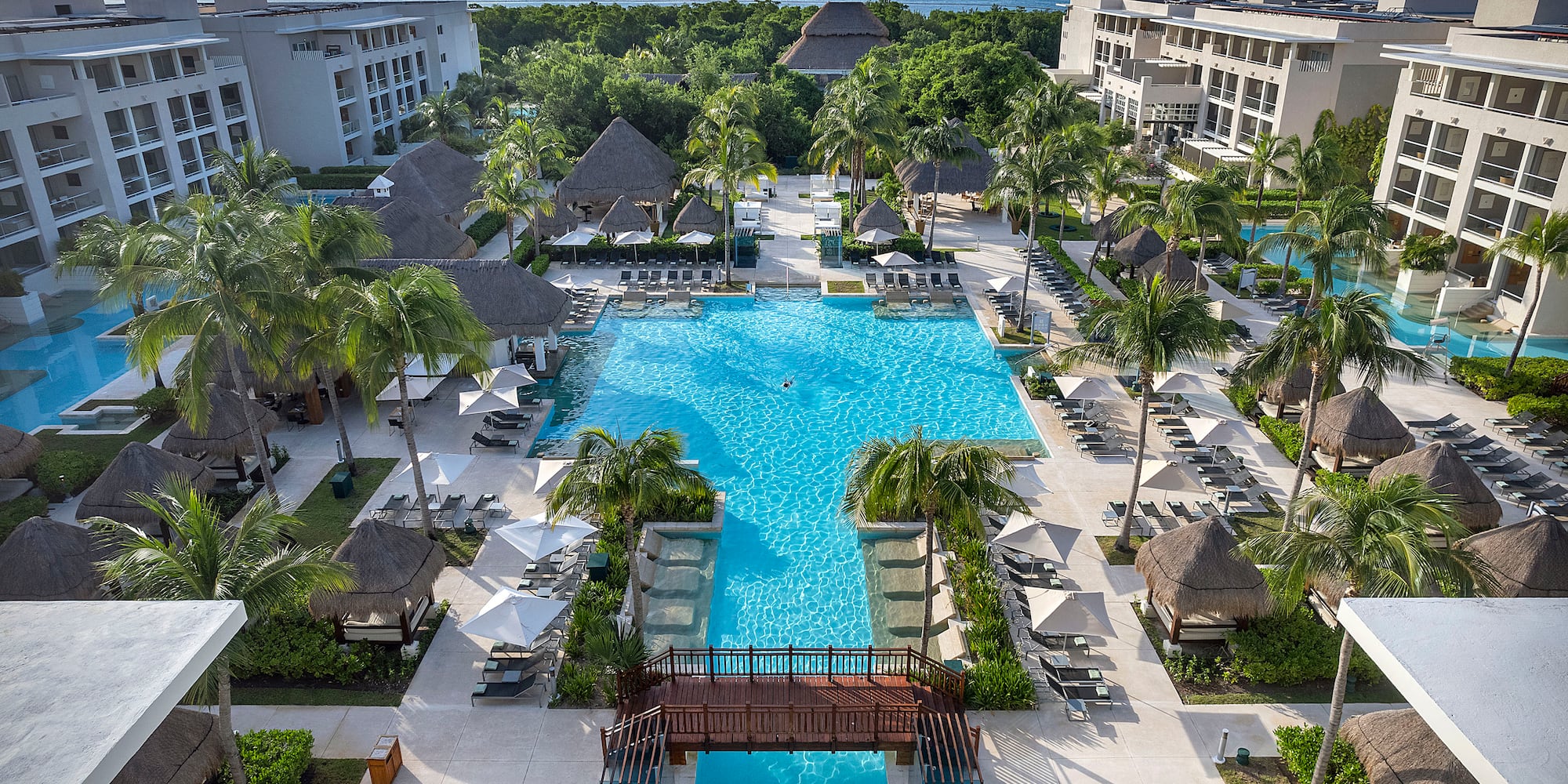 a swimming pool surrounded by palm trees