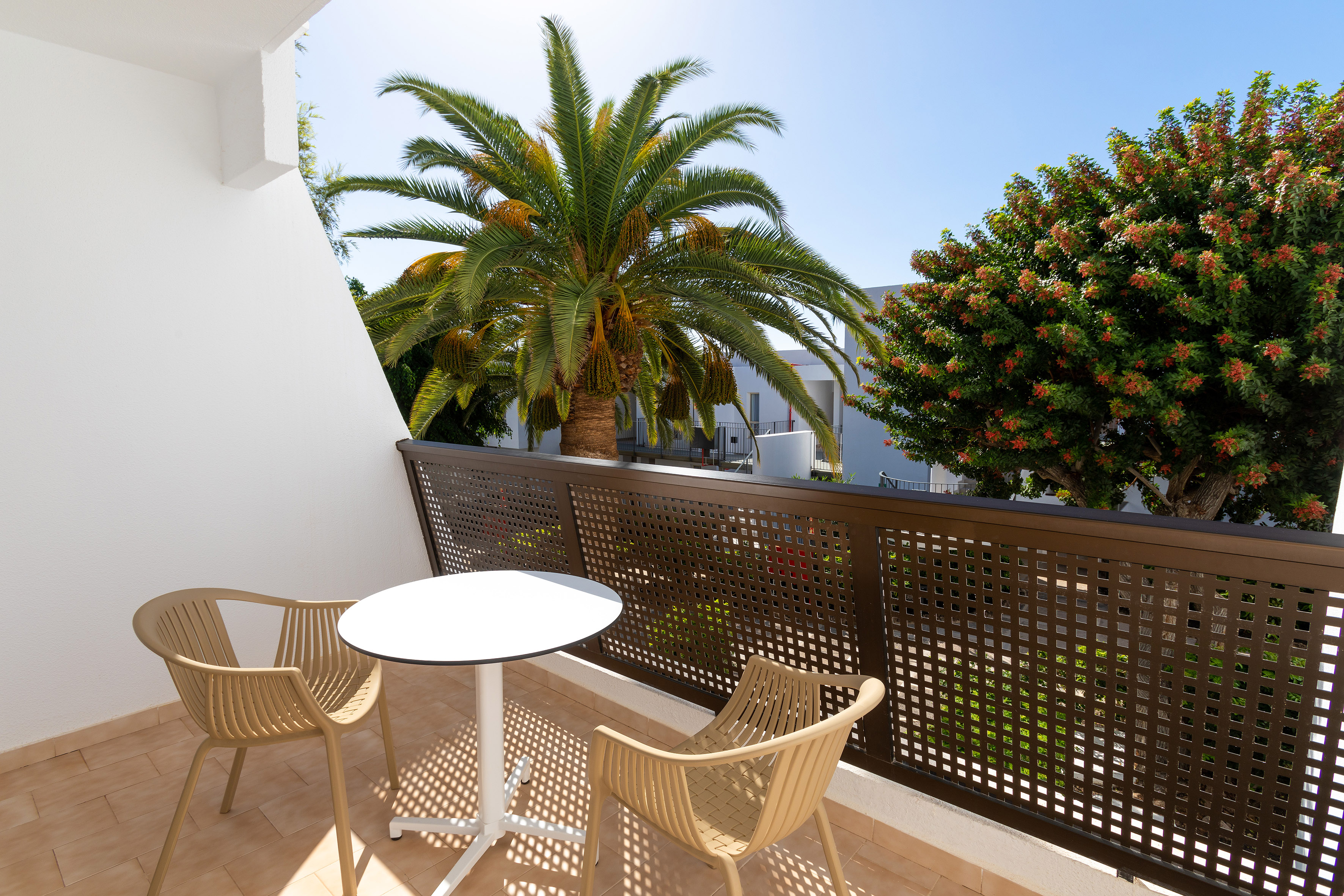 Sunny hotel balcony with white table, beige chairs, and palm tree view.