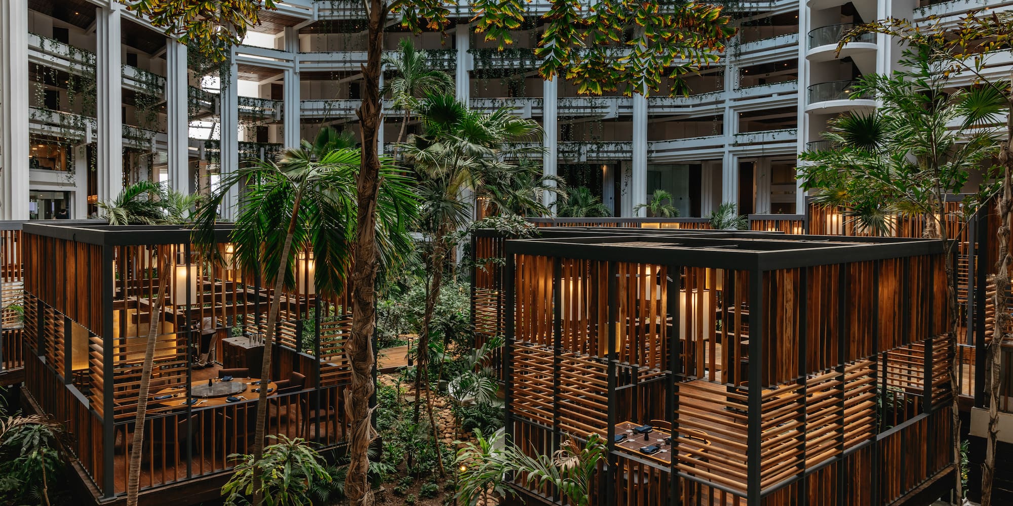 Hotel atrium with modern elevated wooden dining pods and tropical garden.
