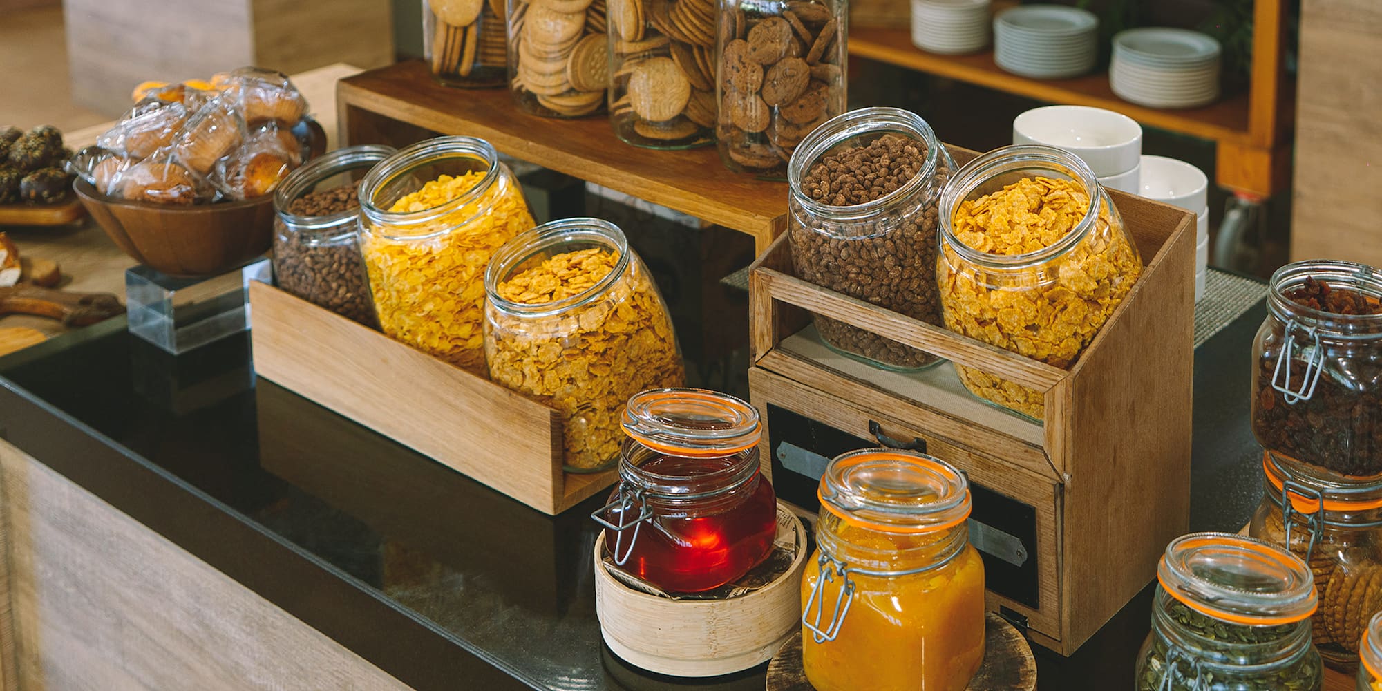 a counter with jars of food