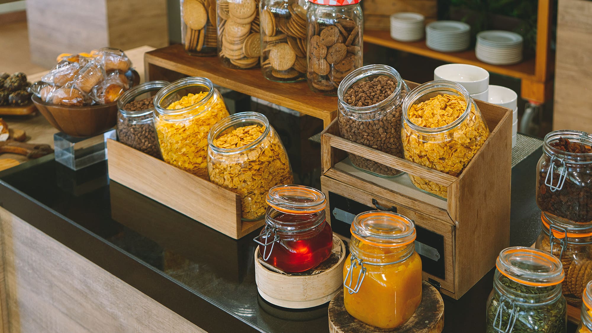 a counter with jars of food