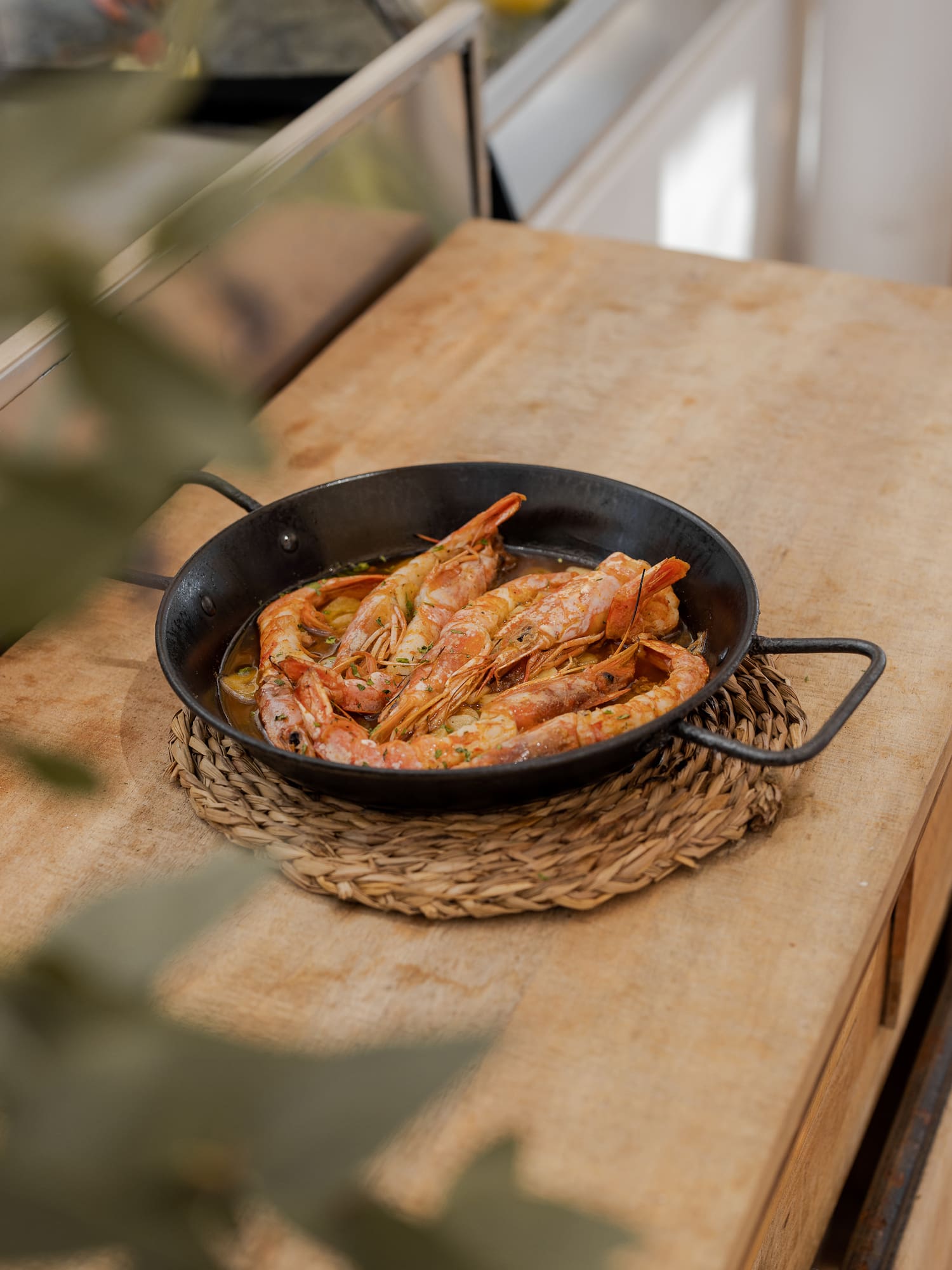a pan of shrimp on a table