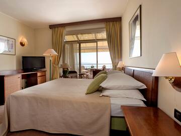 a bedroom with a large bed and a television