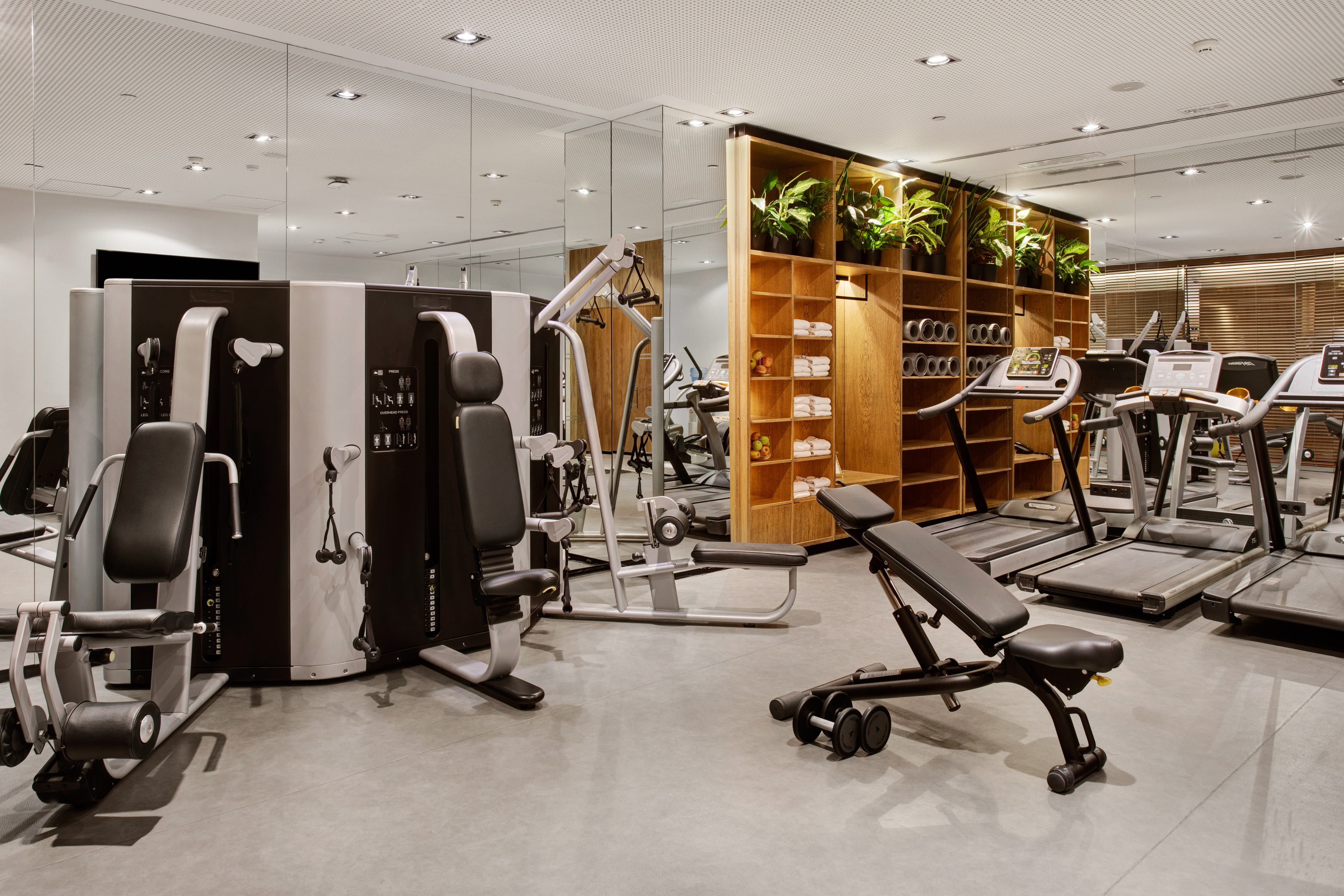 Modern gym with strength machines, treadmills, dumbbells, and wooden plant shelves.
