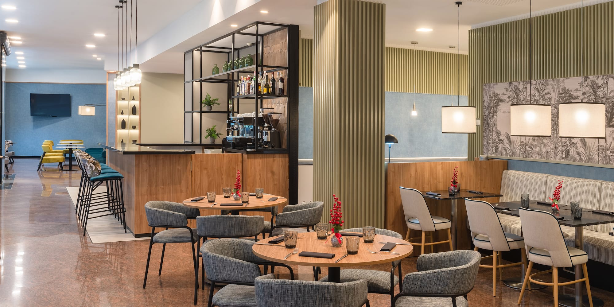 a room with tables and chairs