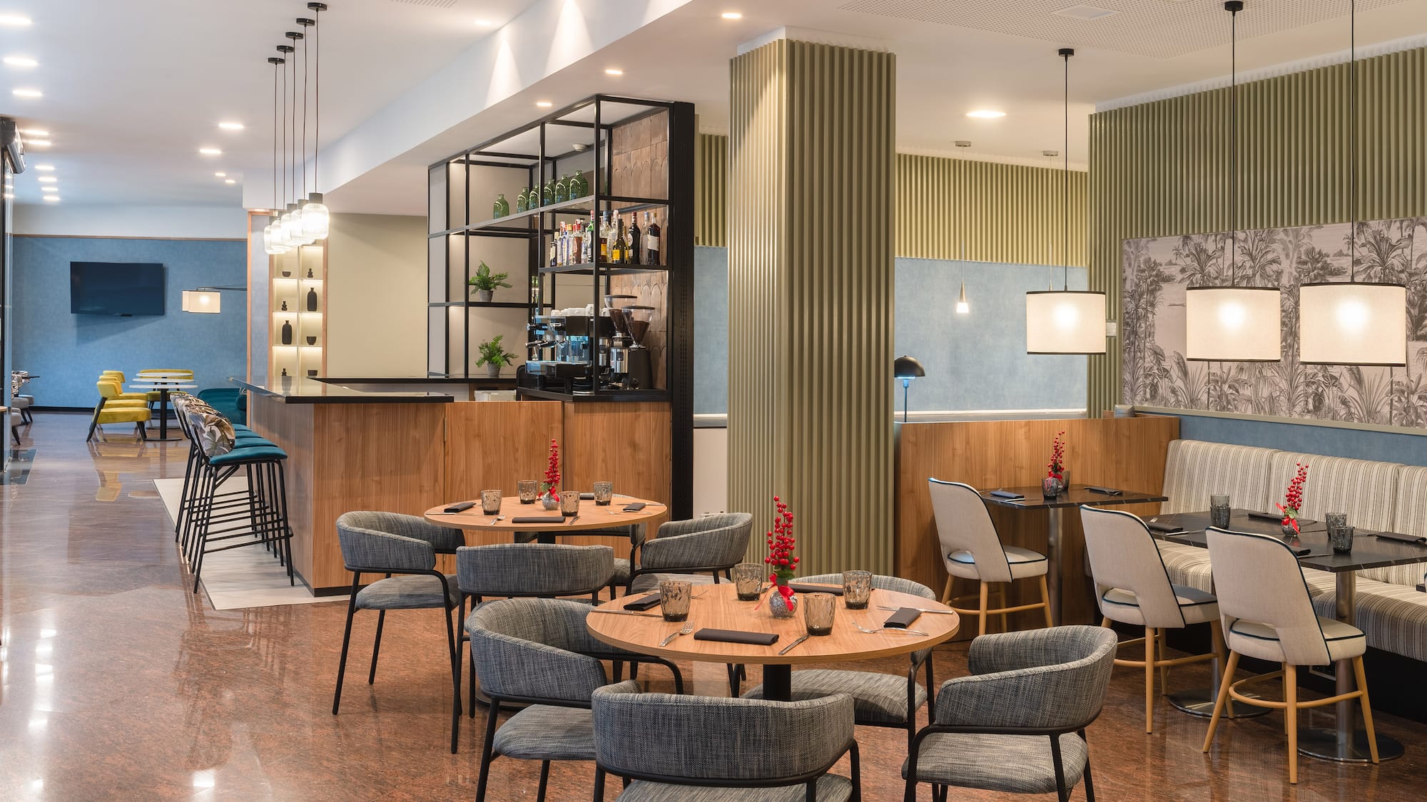 a room with tables and chairs