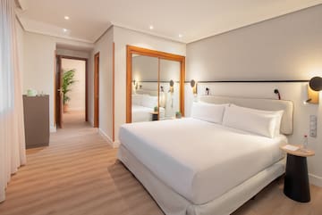 a bedroom with a mirror and a bed