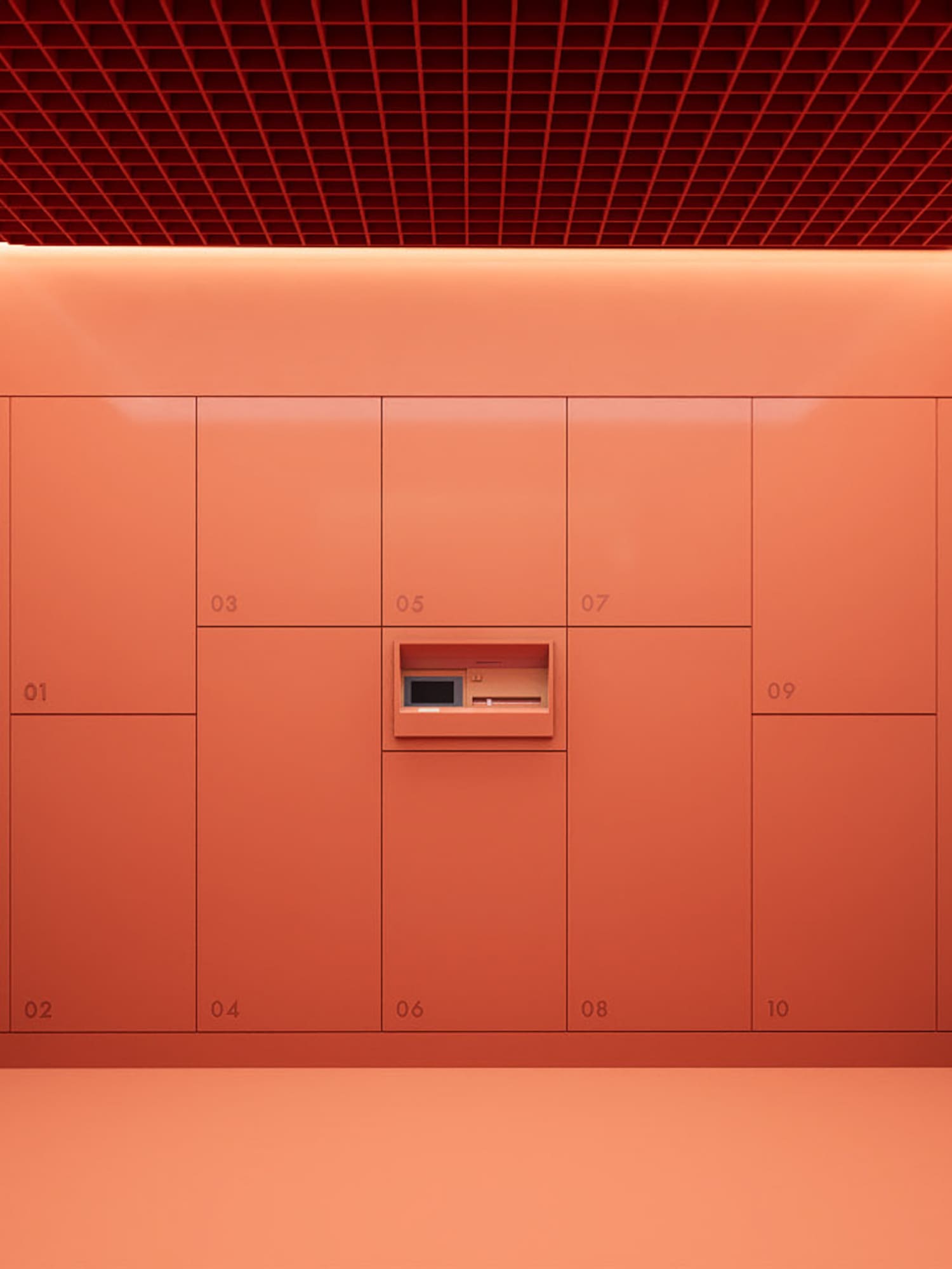 a room with red cabinets and a red ceiling