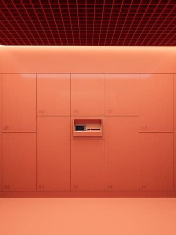 a room with red cabinets and a red ceiling