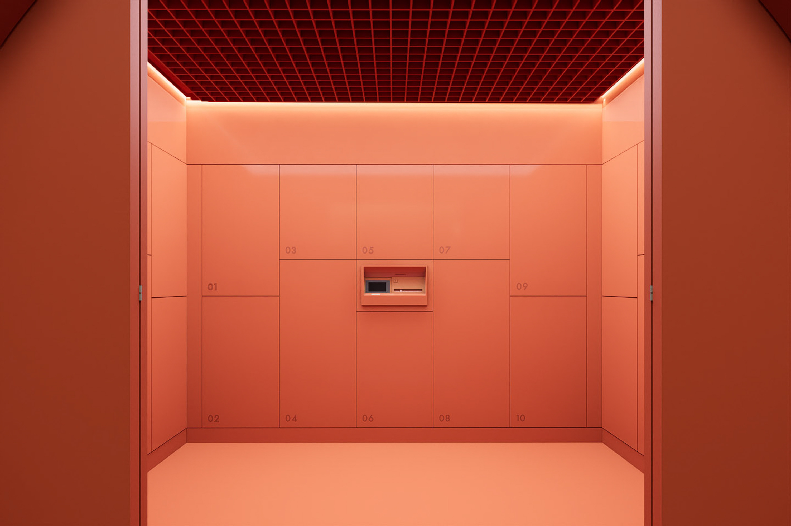 a room with red cabinets and a red ceiling