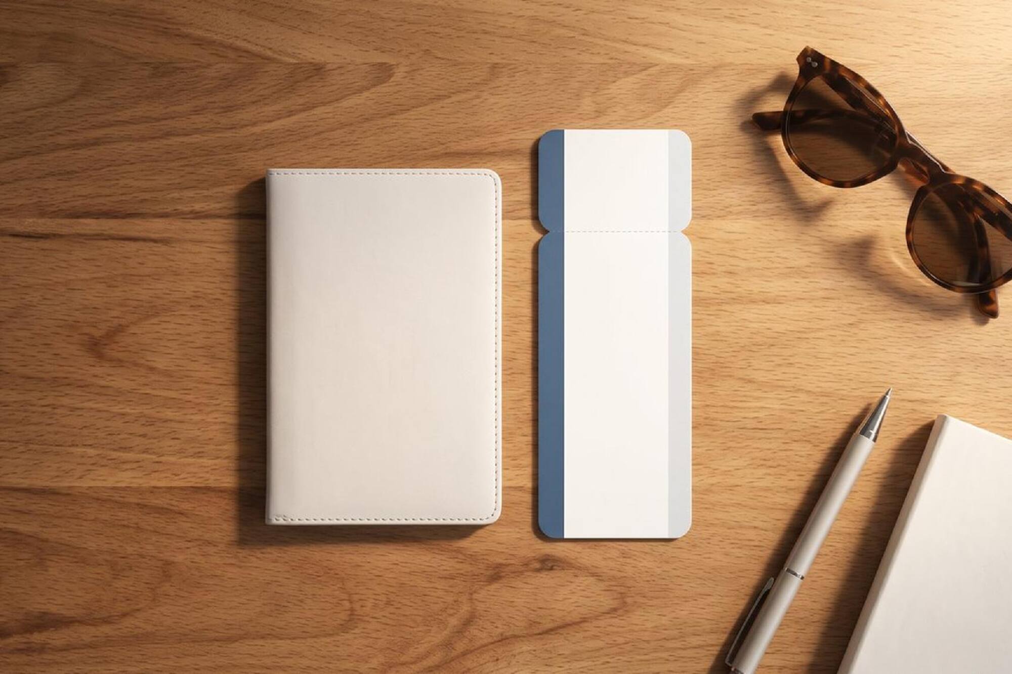Passport holder, boarding pass, sunglasses, pen, and notebook on wooden desk.
