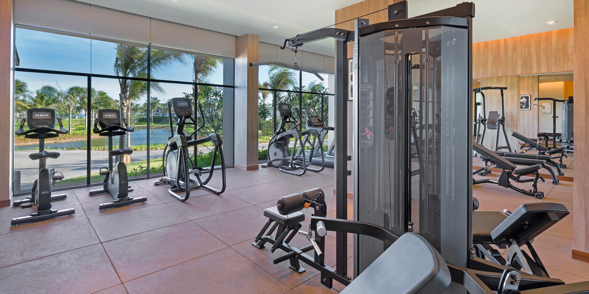 Modern gym with cardio and weight machines overlooking palm trees and water.