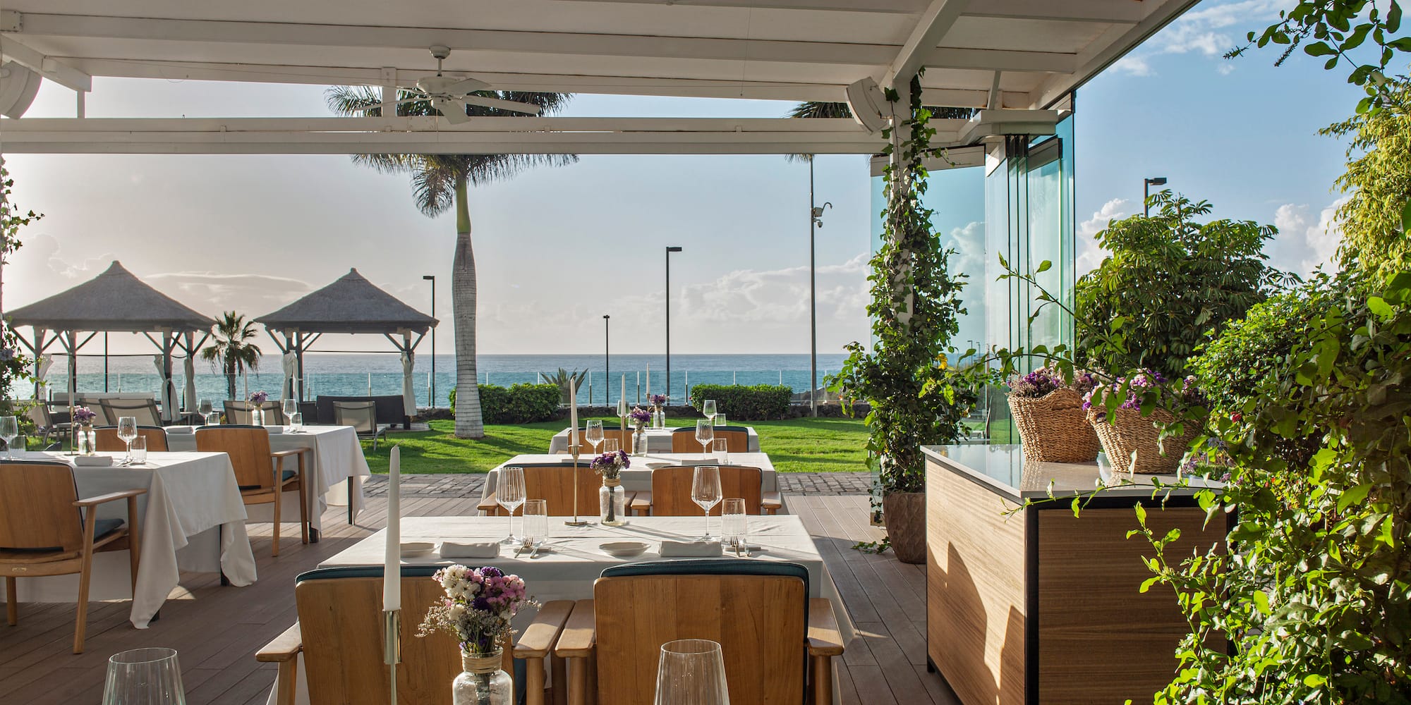 a restaurant with tables and chairs and plants