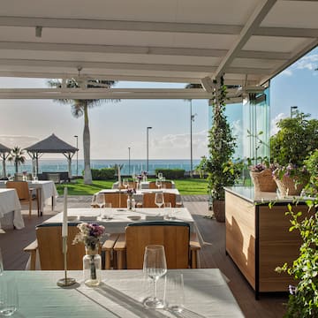 a restaurant with tables and chairs and plants