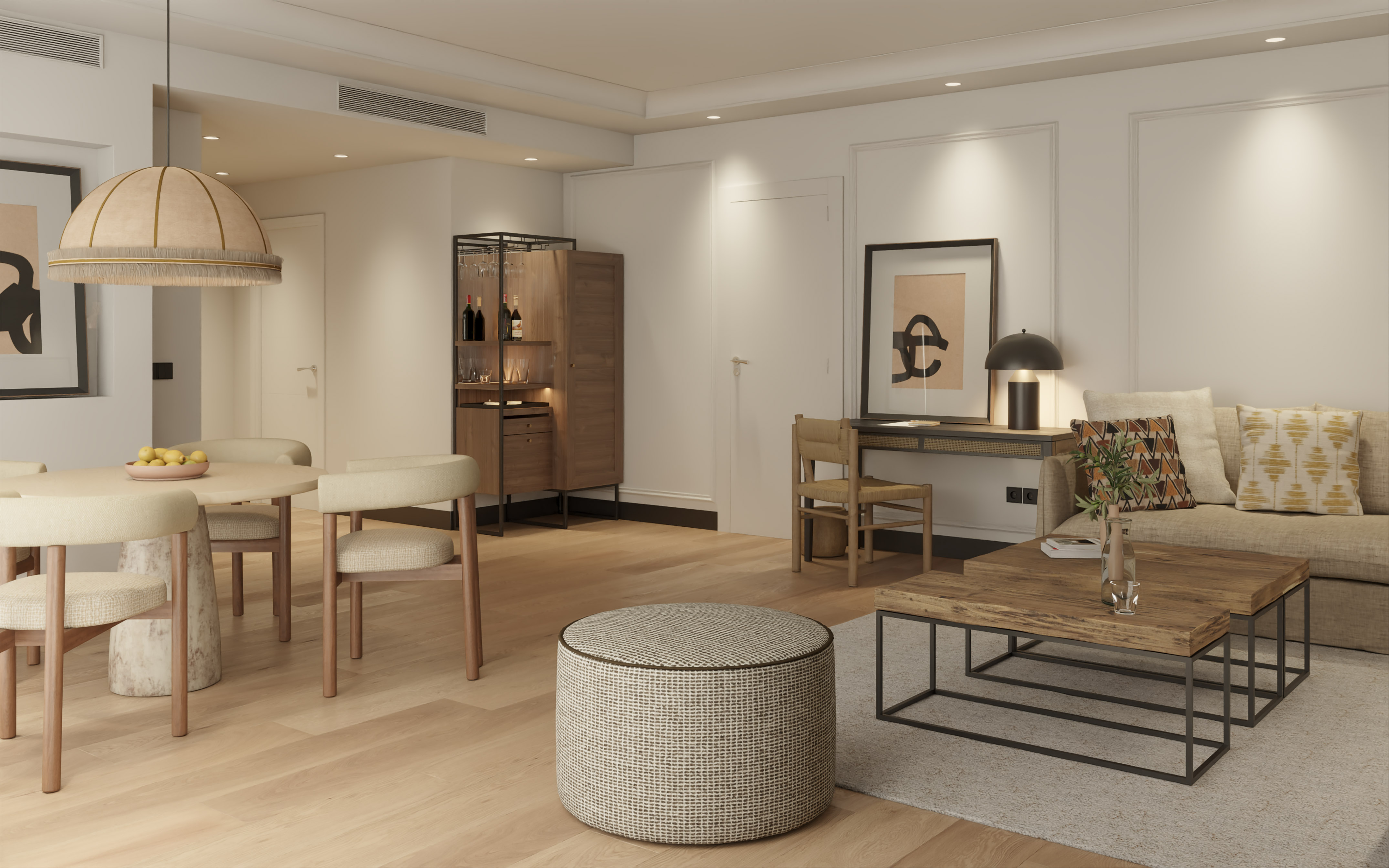 a living room with a table and chairs