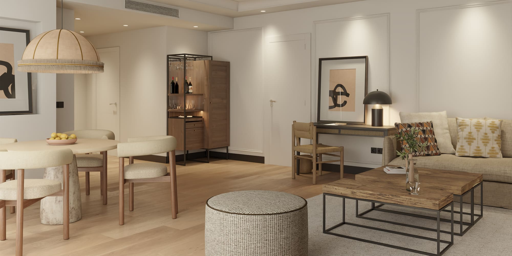 a living room with a table and chairs