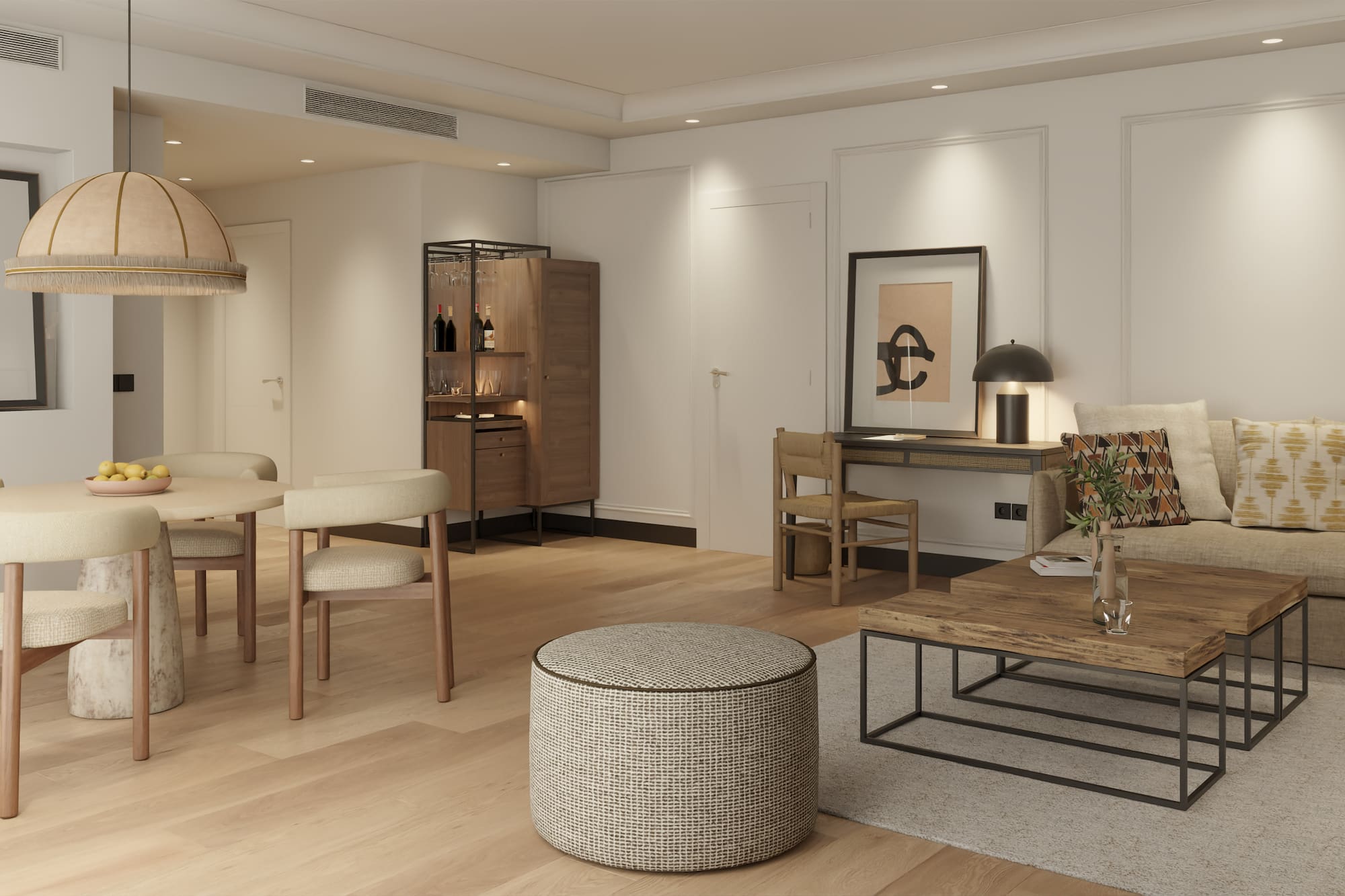 a living room with a table and chairs