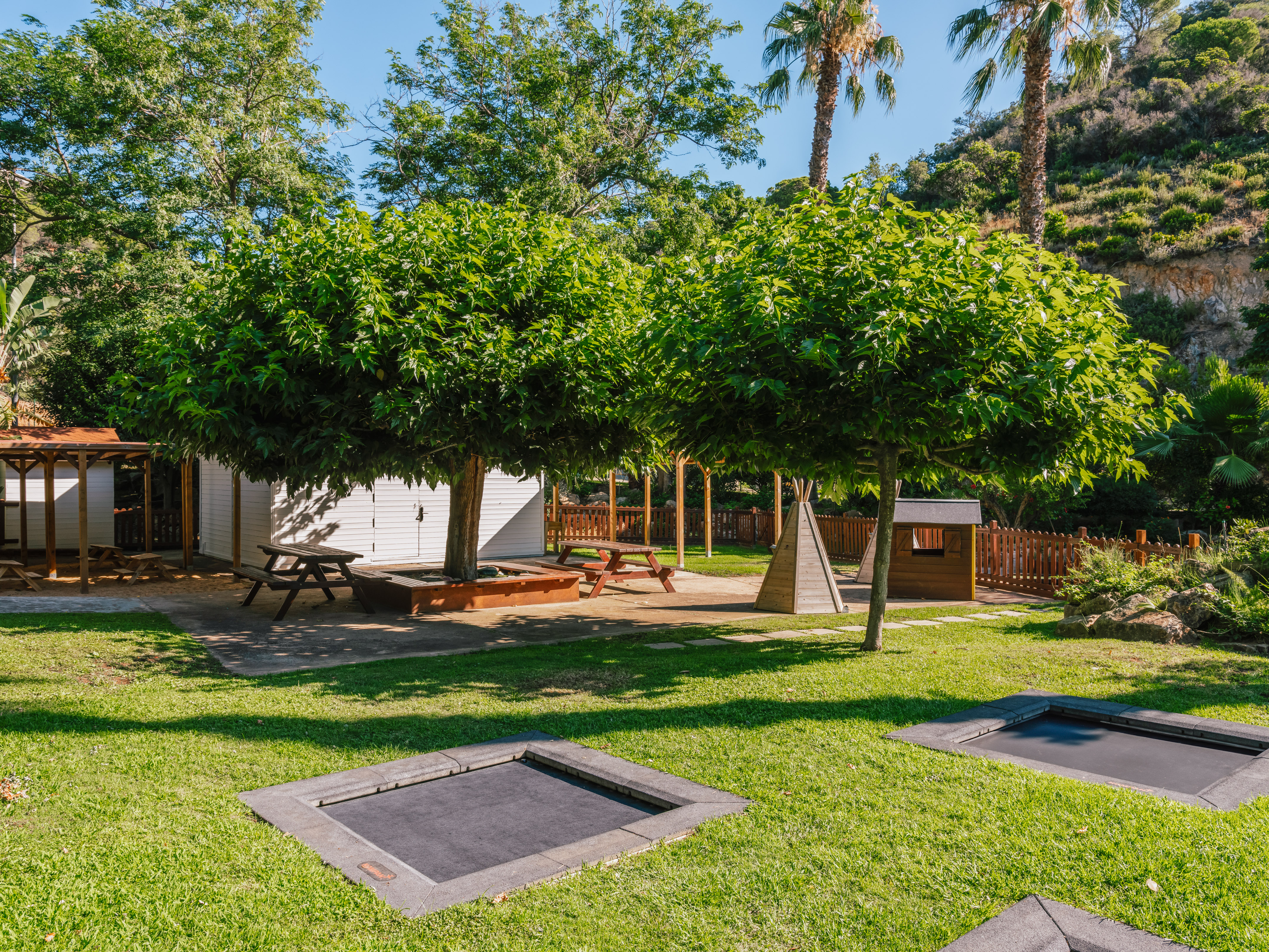 Grassy outdoor play area with in-ground trampolines, picnic tables, and shade trees.