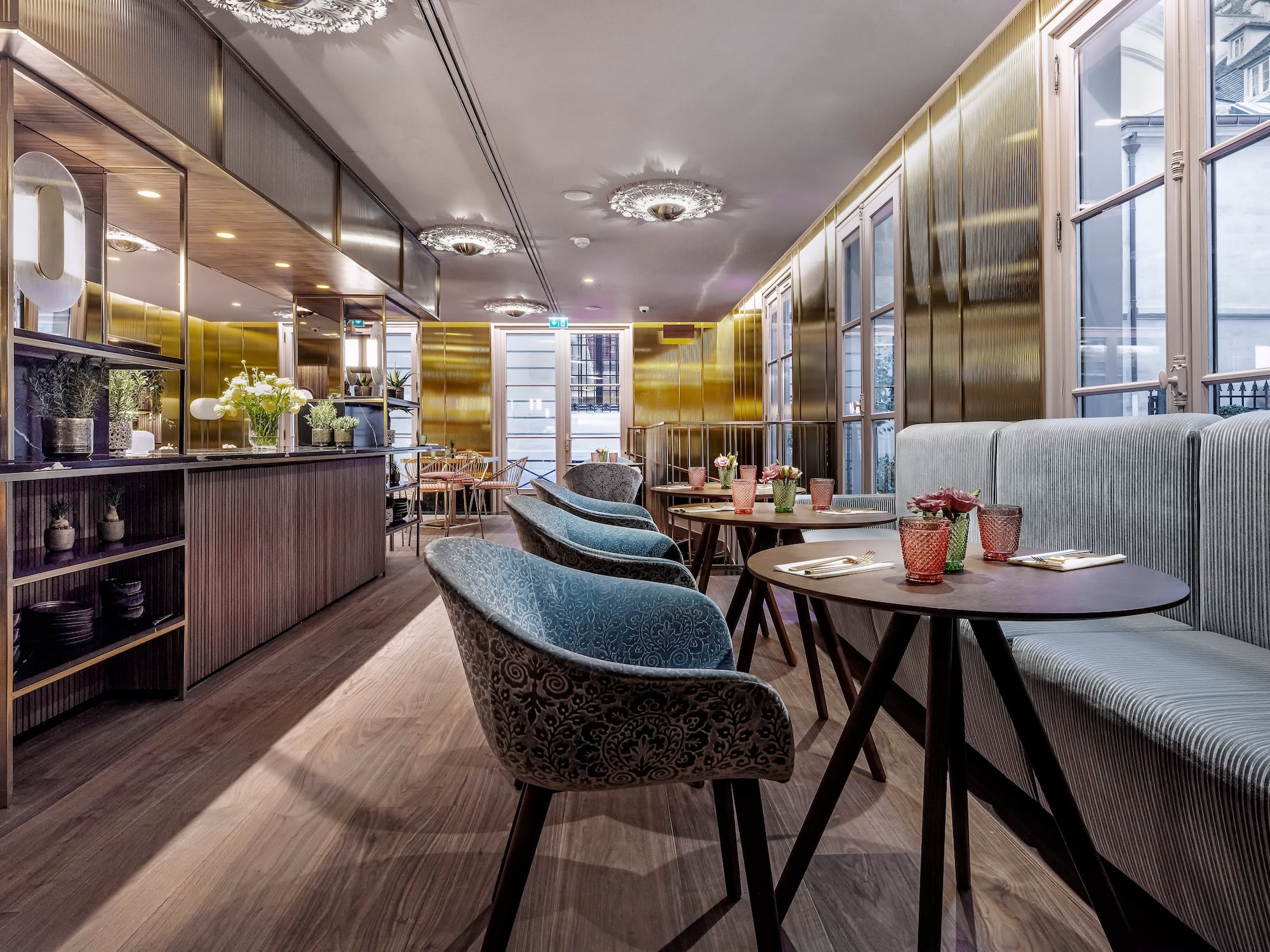 a room with tables and chairs