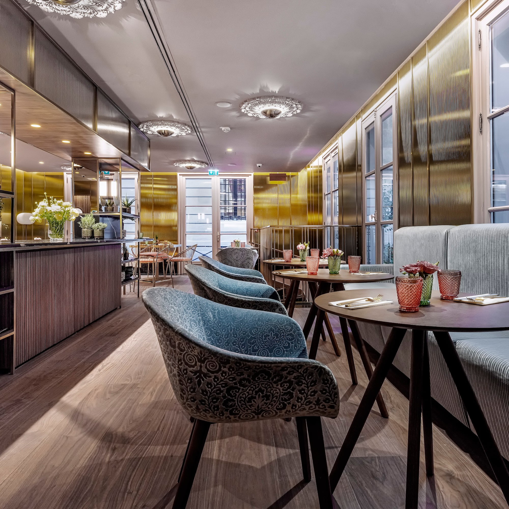 a room with tables and chairs