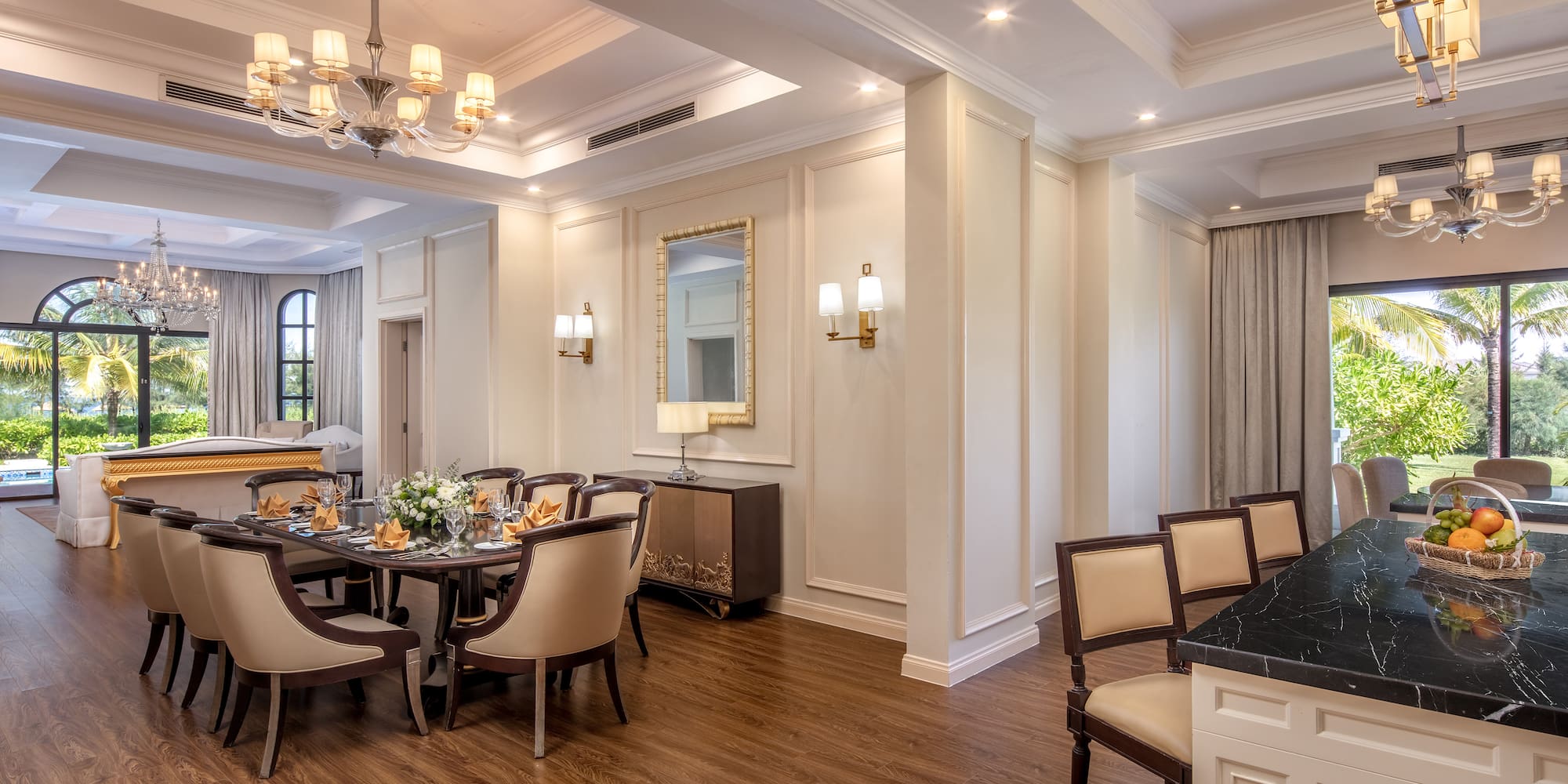 a room with a table and chairs