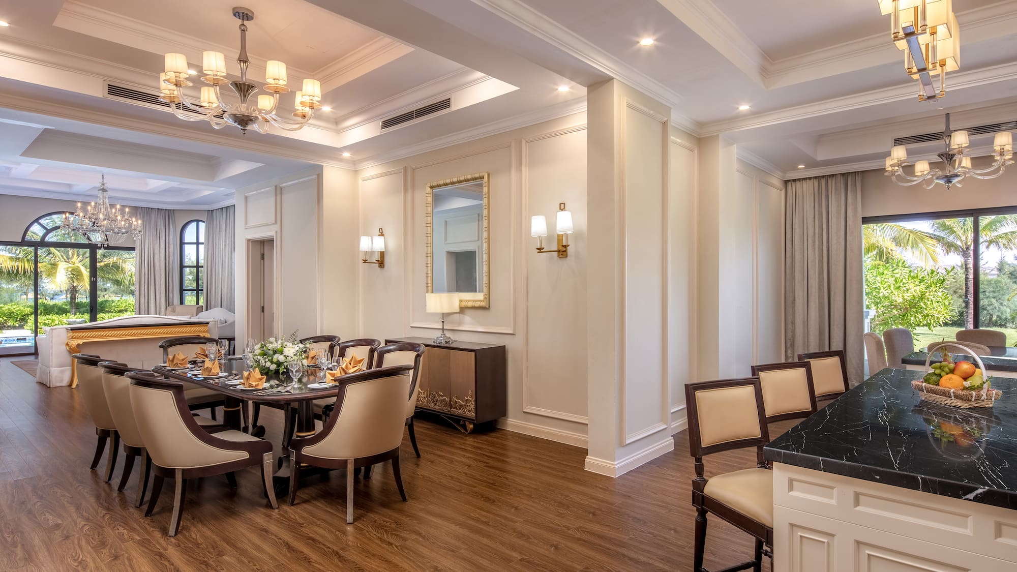 a room with a table and chairs