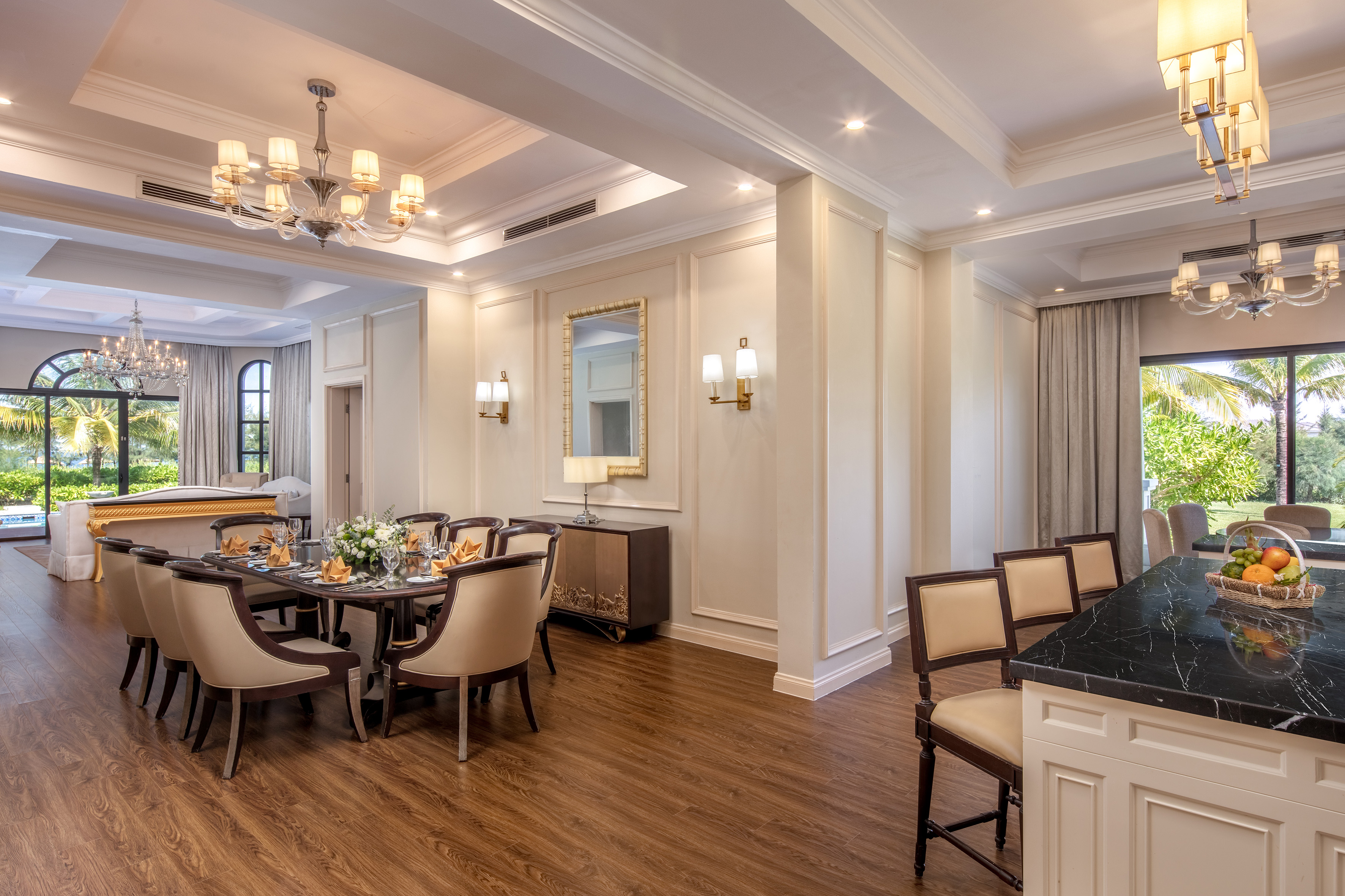 a room with a table and chairs