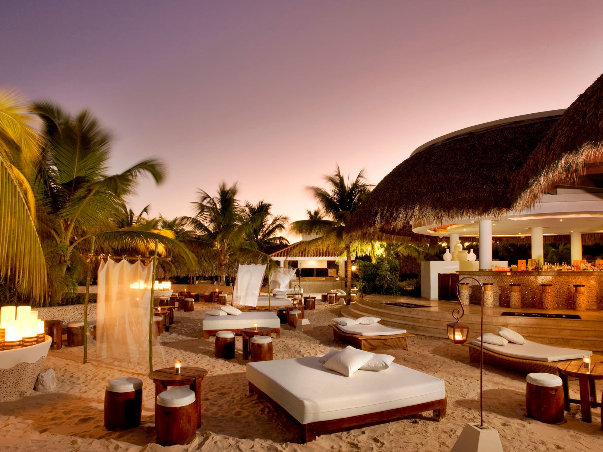 a beach bar with lounge chairs and palm trees