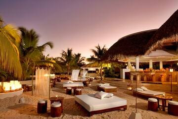 a beach bar with lounge chairs and palm trees