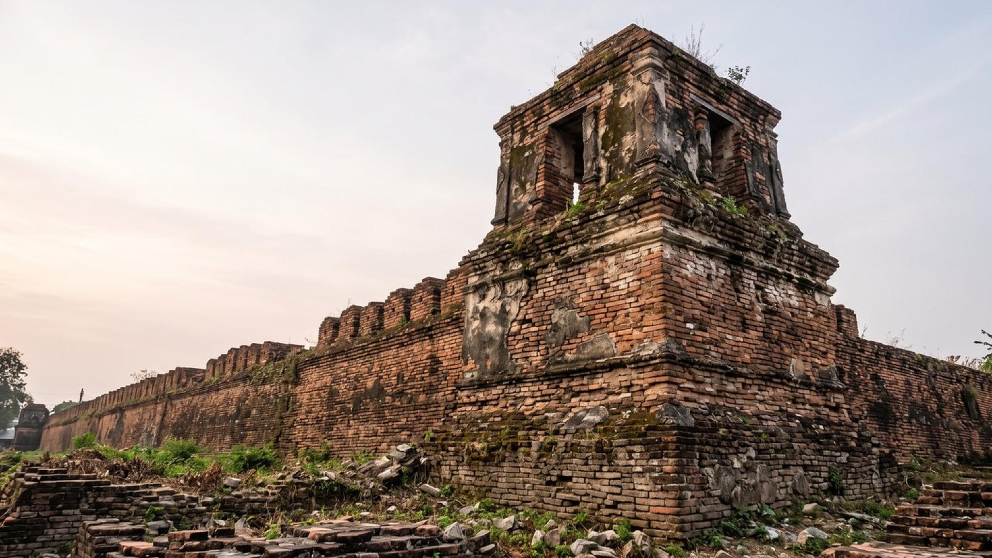 Muralla de ladrillo antigua y torreón en ruinas con vegetación.