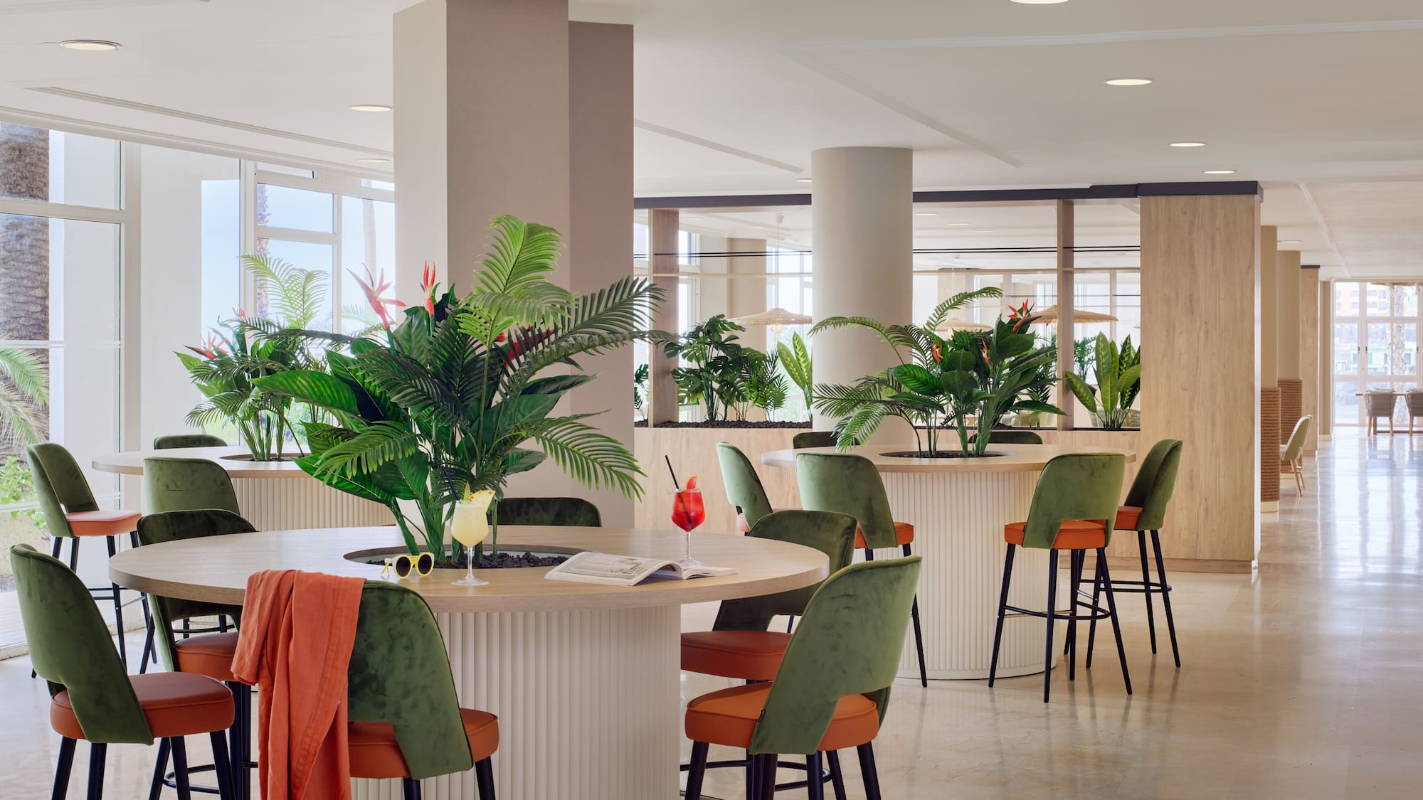 a room with tables and chairs