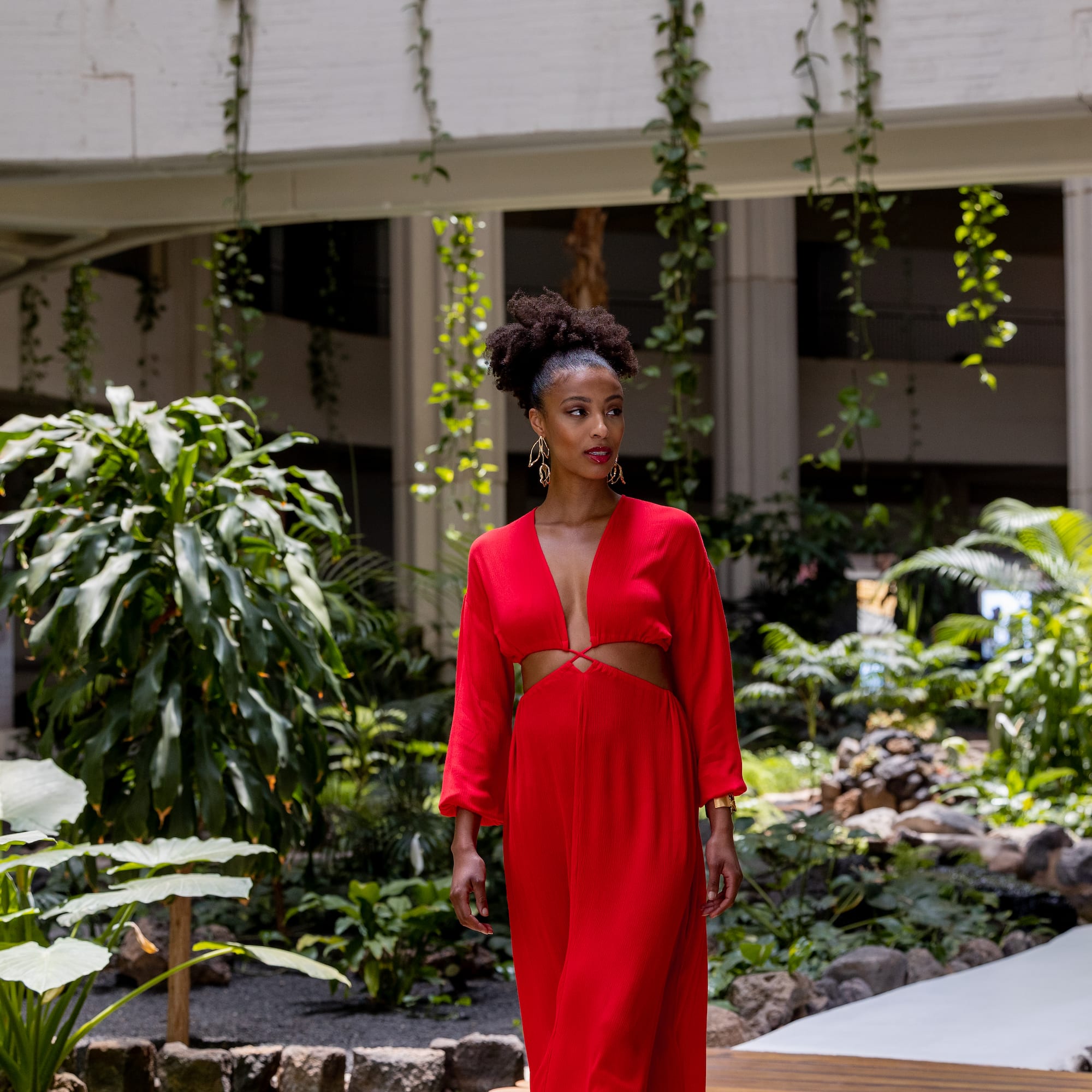 a woman in a red dress