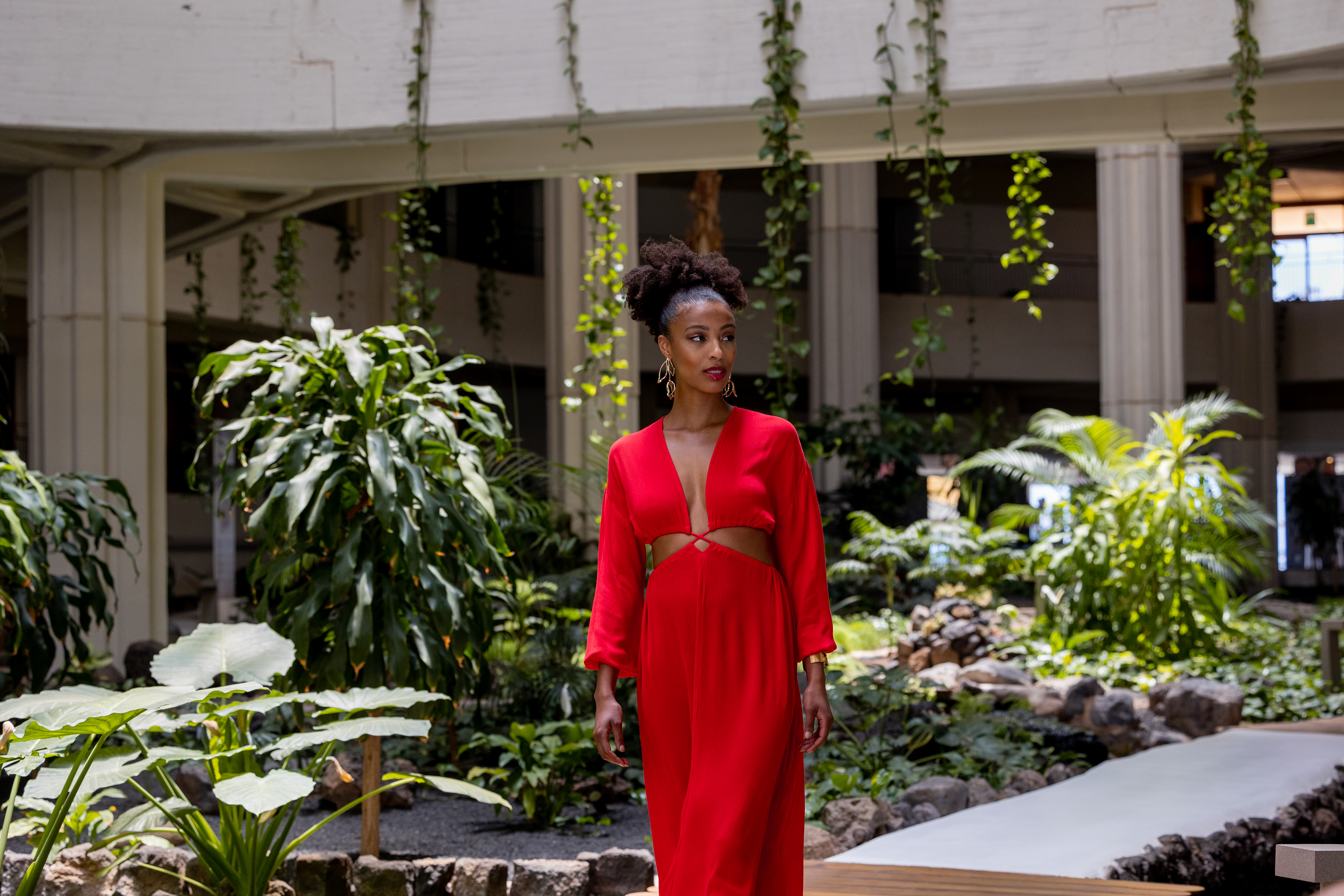 a woman in a red dress