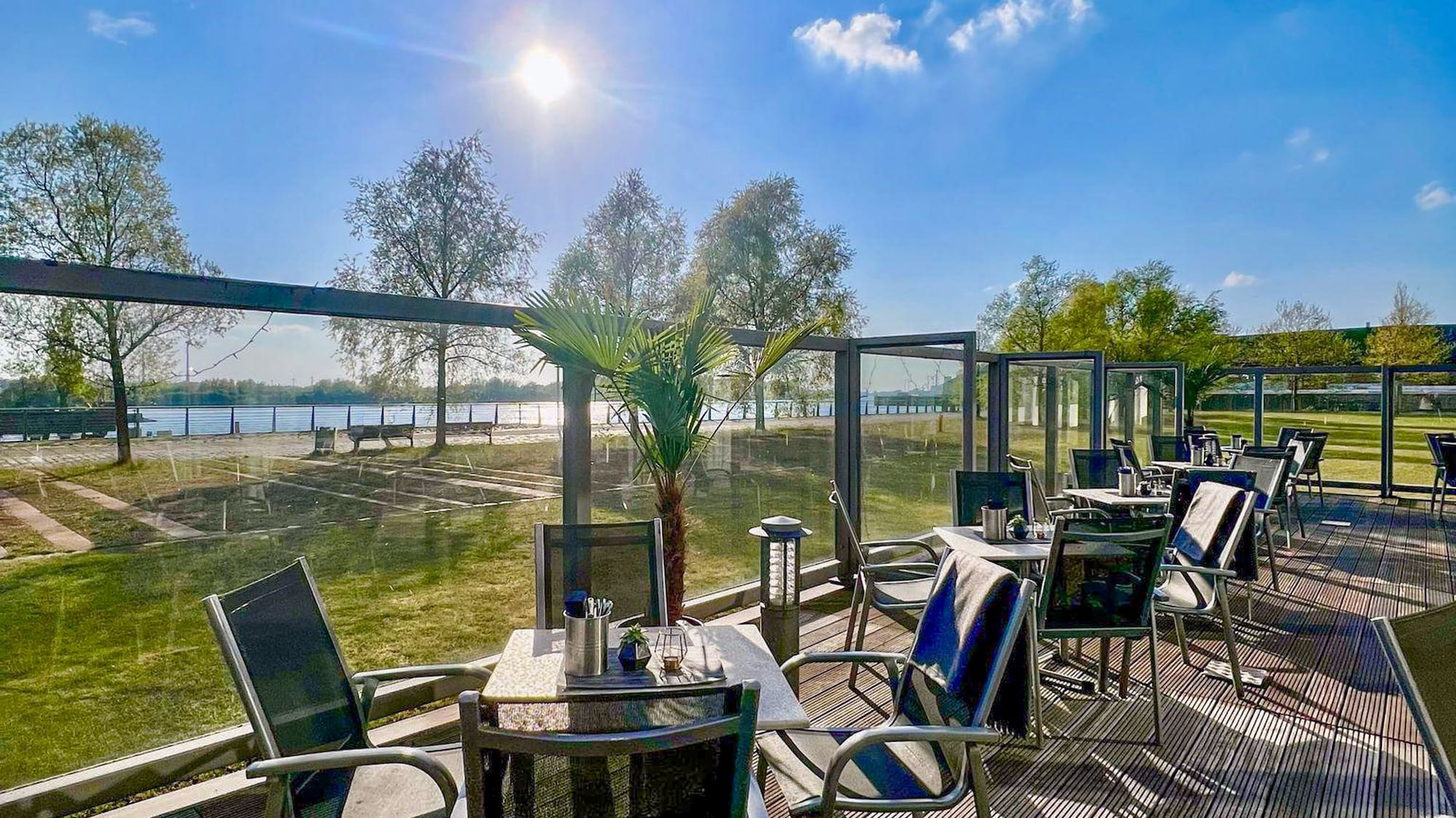 a table and chairs on a deck